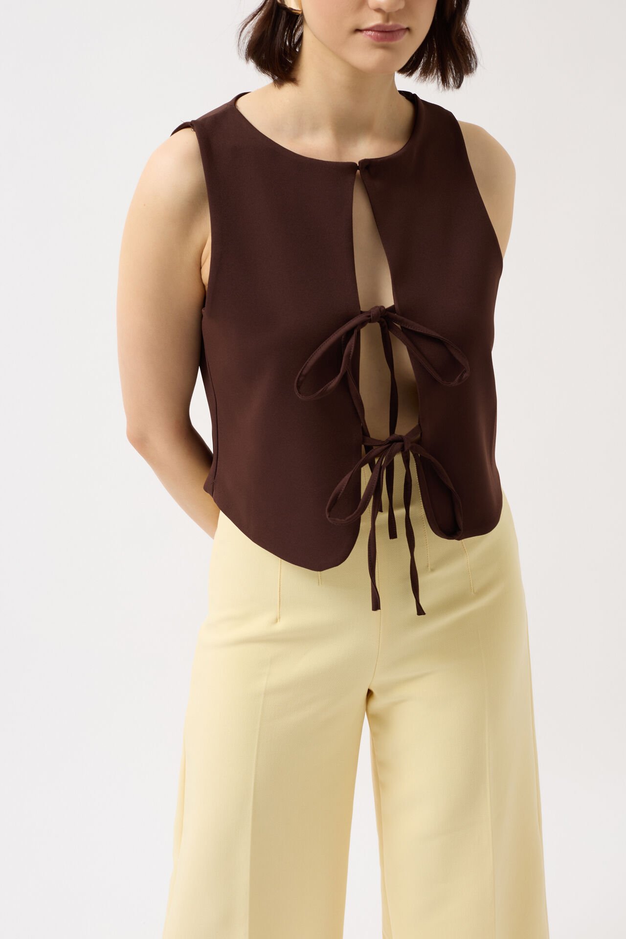 Wholesale Lace Detail Low Cut Brown Blouse