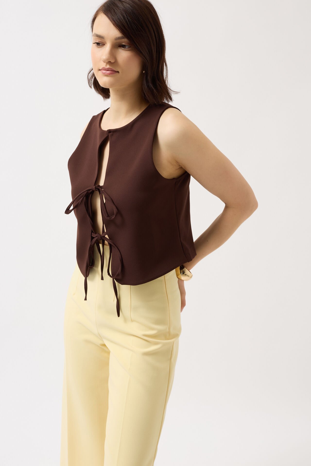 Wholesale Lace Detail Low Cut Brown Blouse