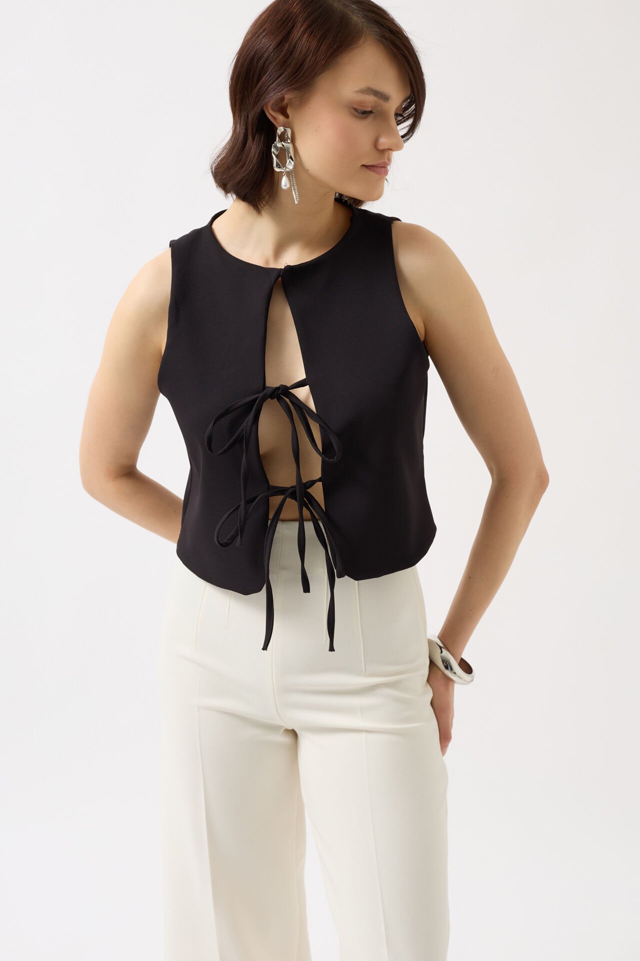 Wholesale Lace Detail Low Cut Black Blouse
