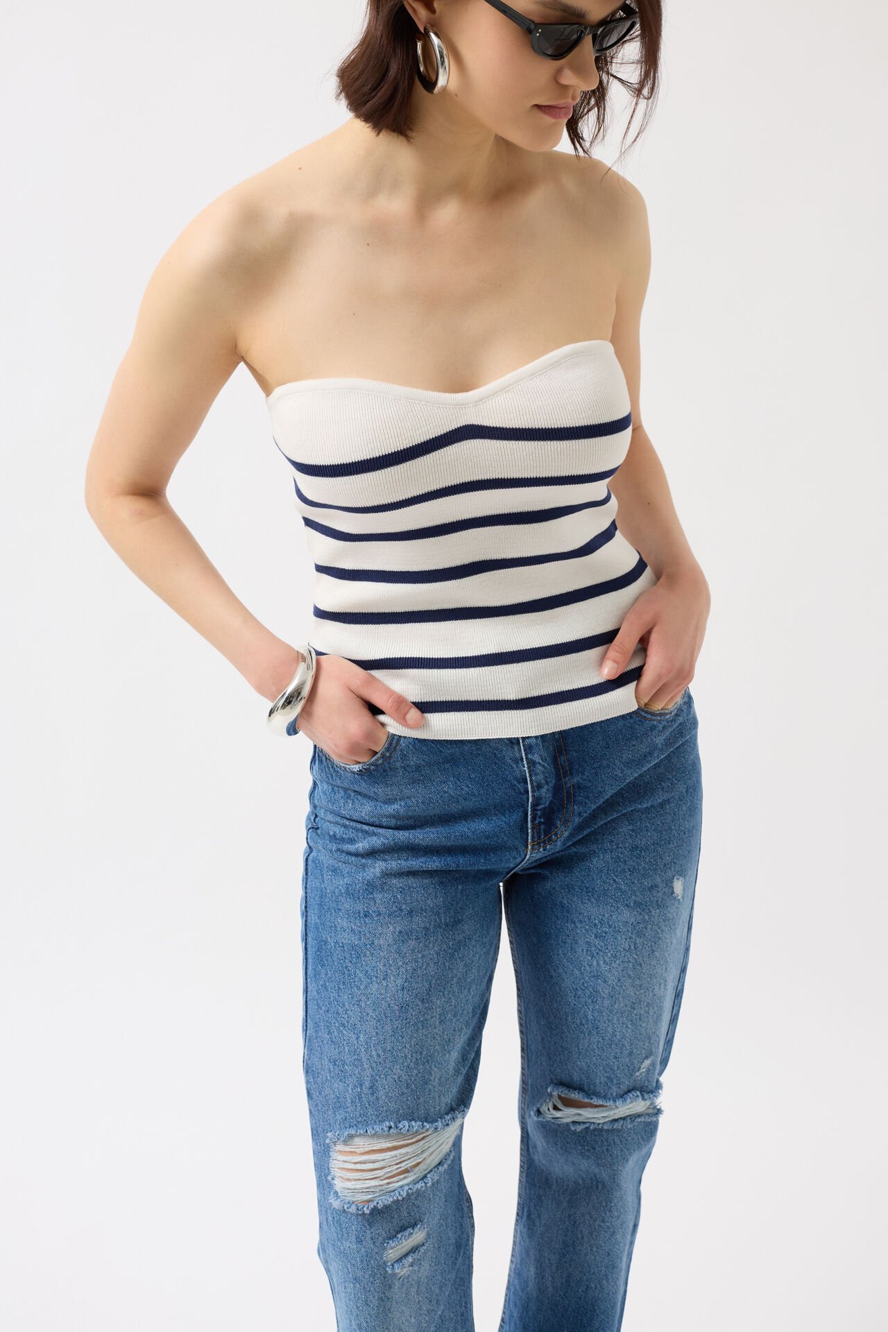 Wholesale Striped Strapless Textured White Navy Blue Blouse