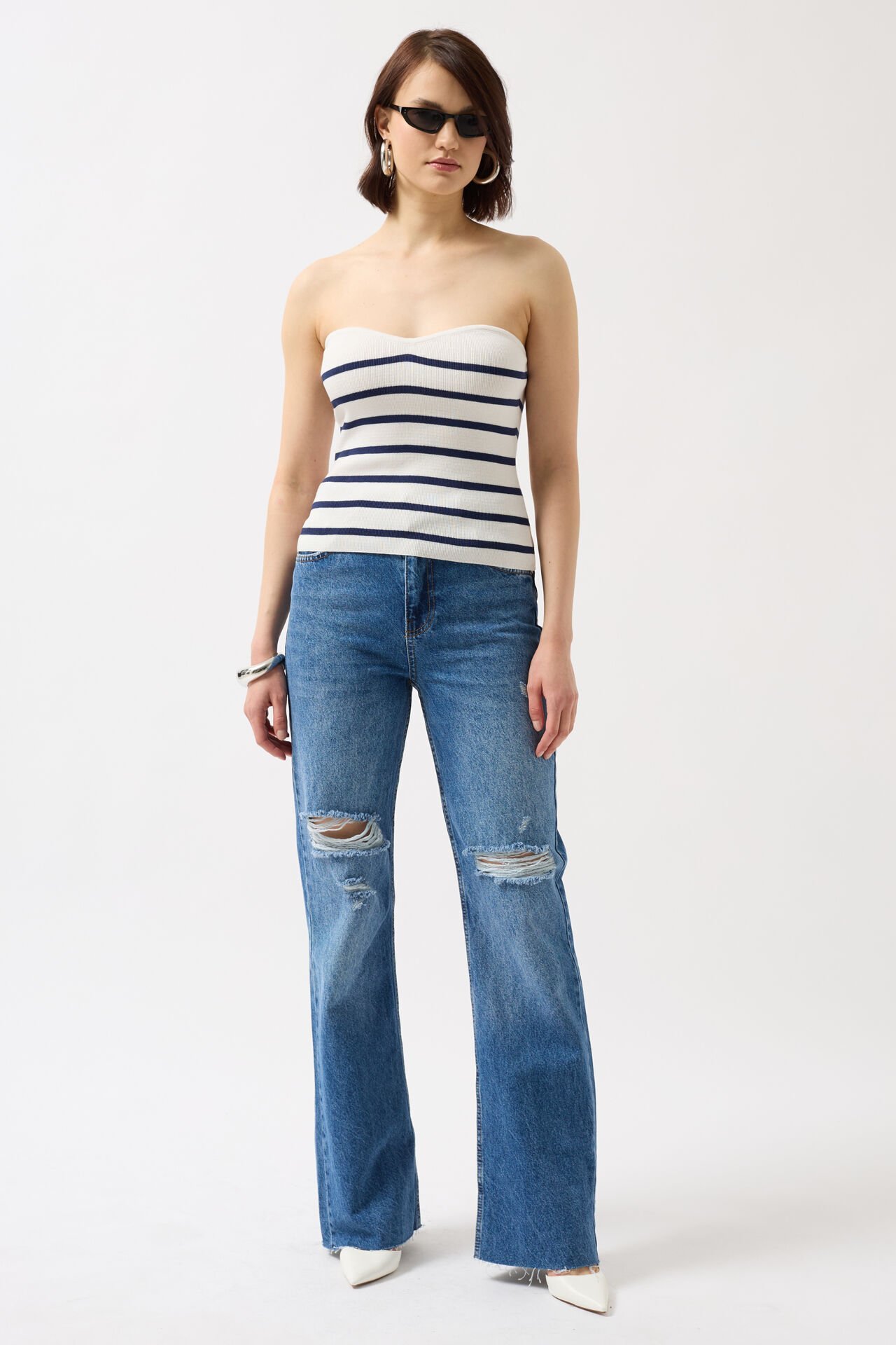 Wholesale Striped Strapless Textured White Navy Blue Blouse