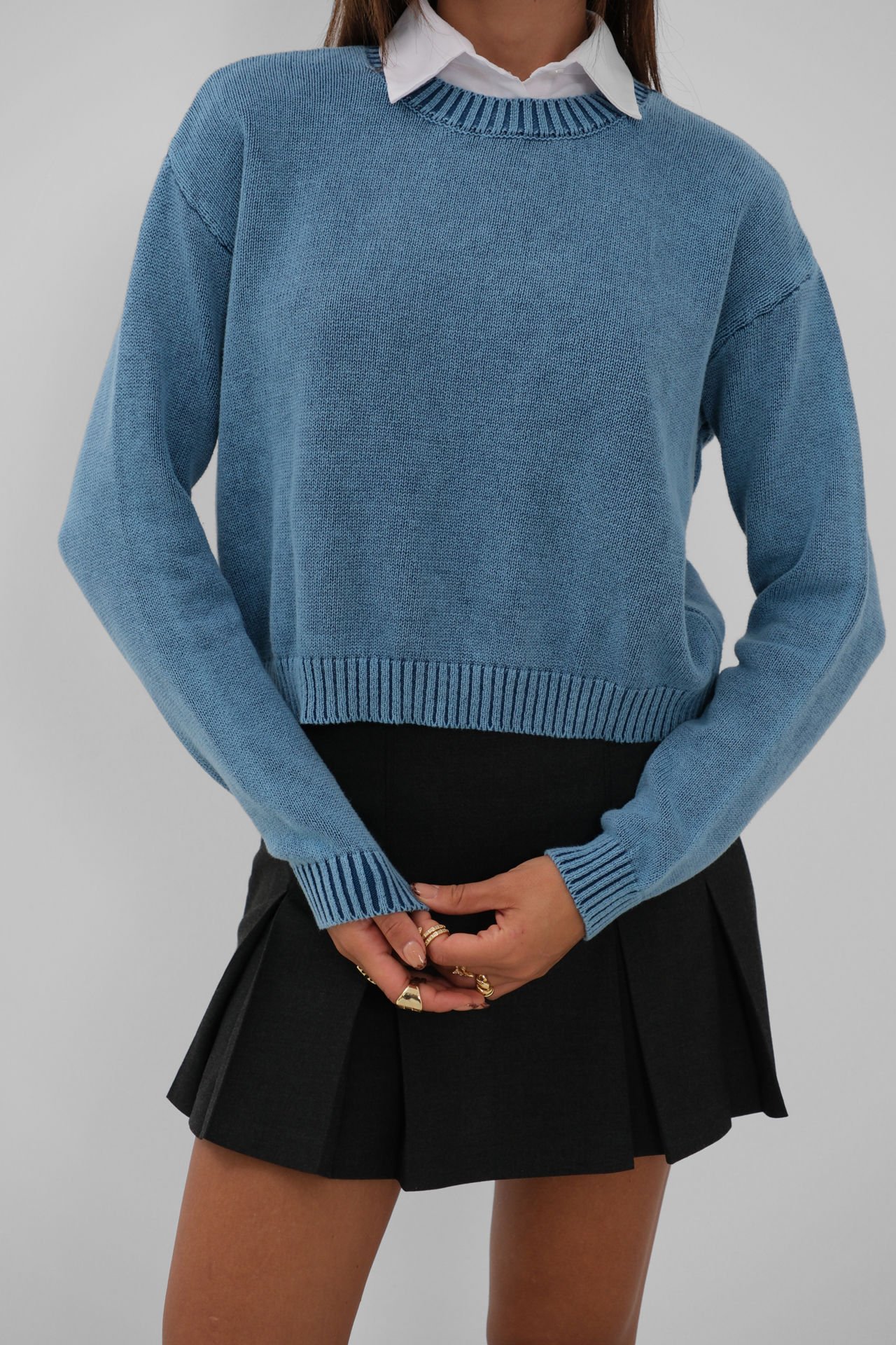 Wholesale Washable Crop Knitwear Blue Sweater