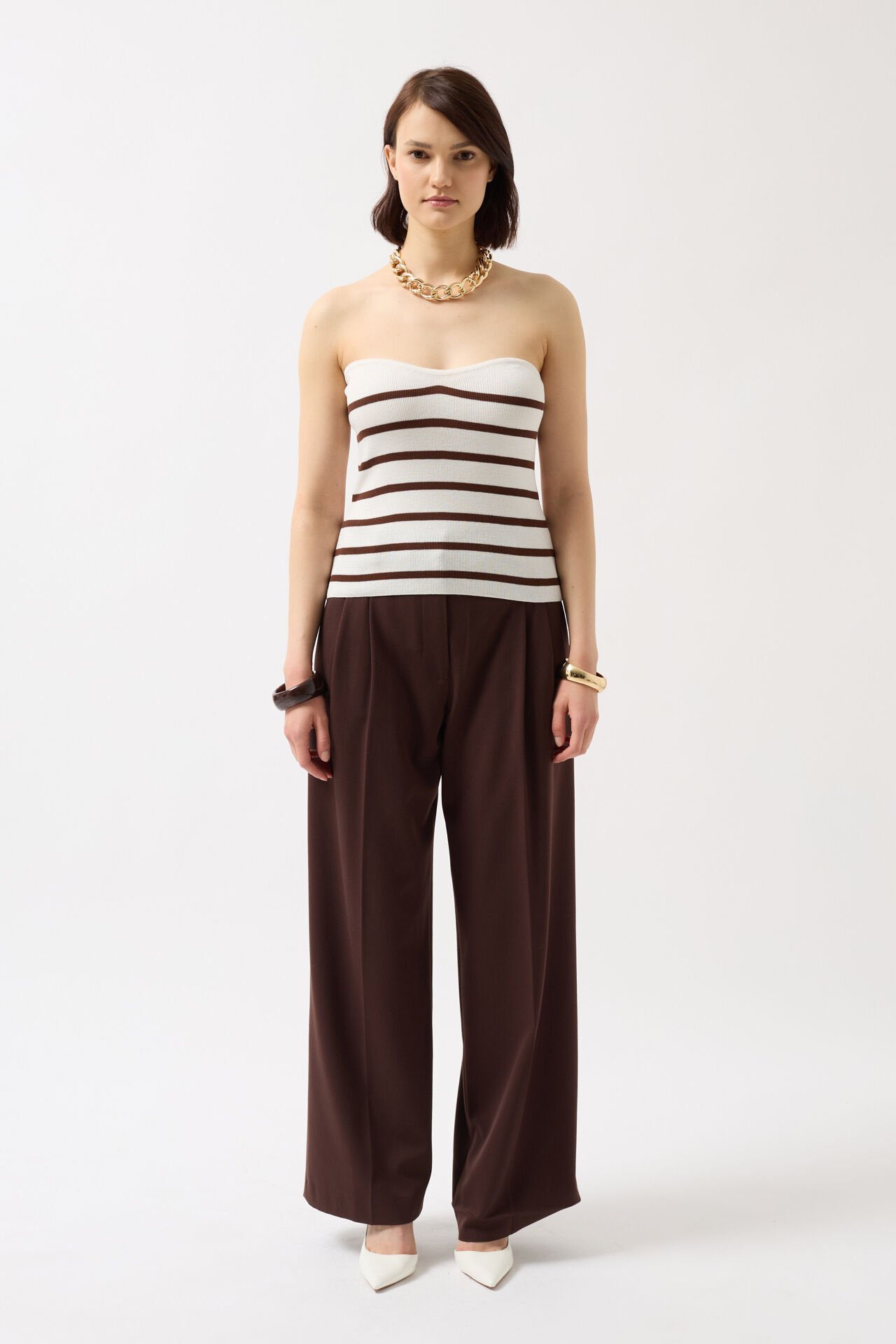 Wholesale Striped Strapless Textured White Brown Blouse