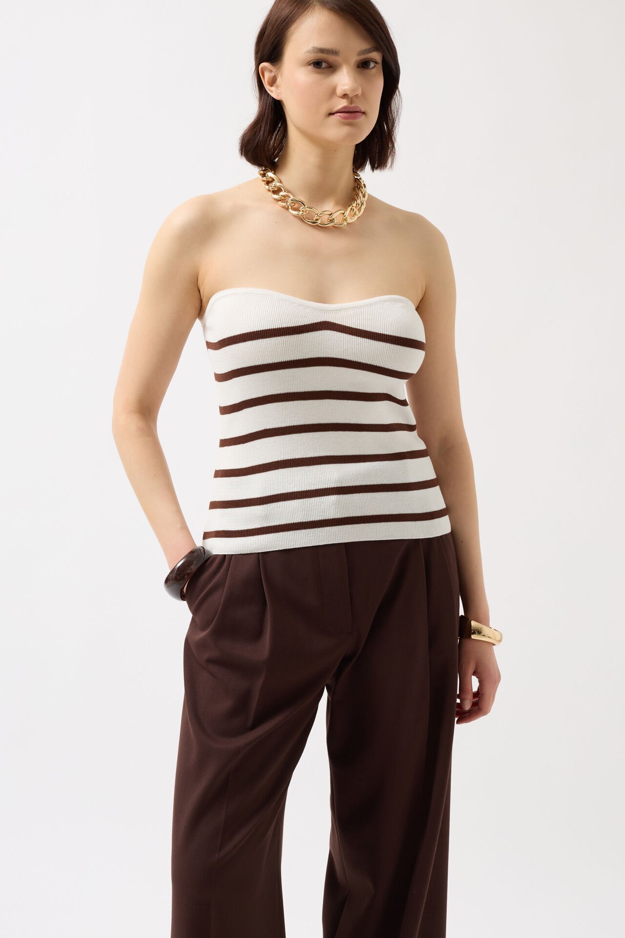 Wholesale Striped Strapless Textured White Brown Blouse