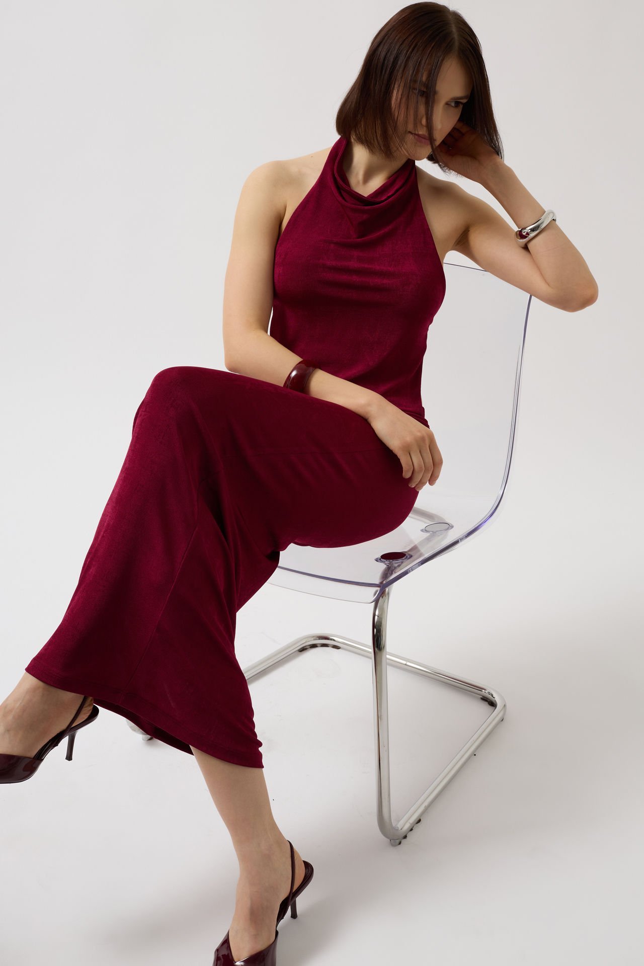 Wholesale Shiny Fabric Maxi Burgundy Skirt