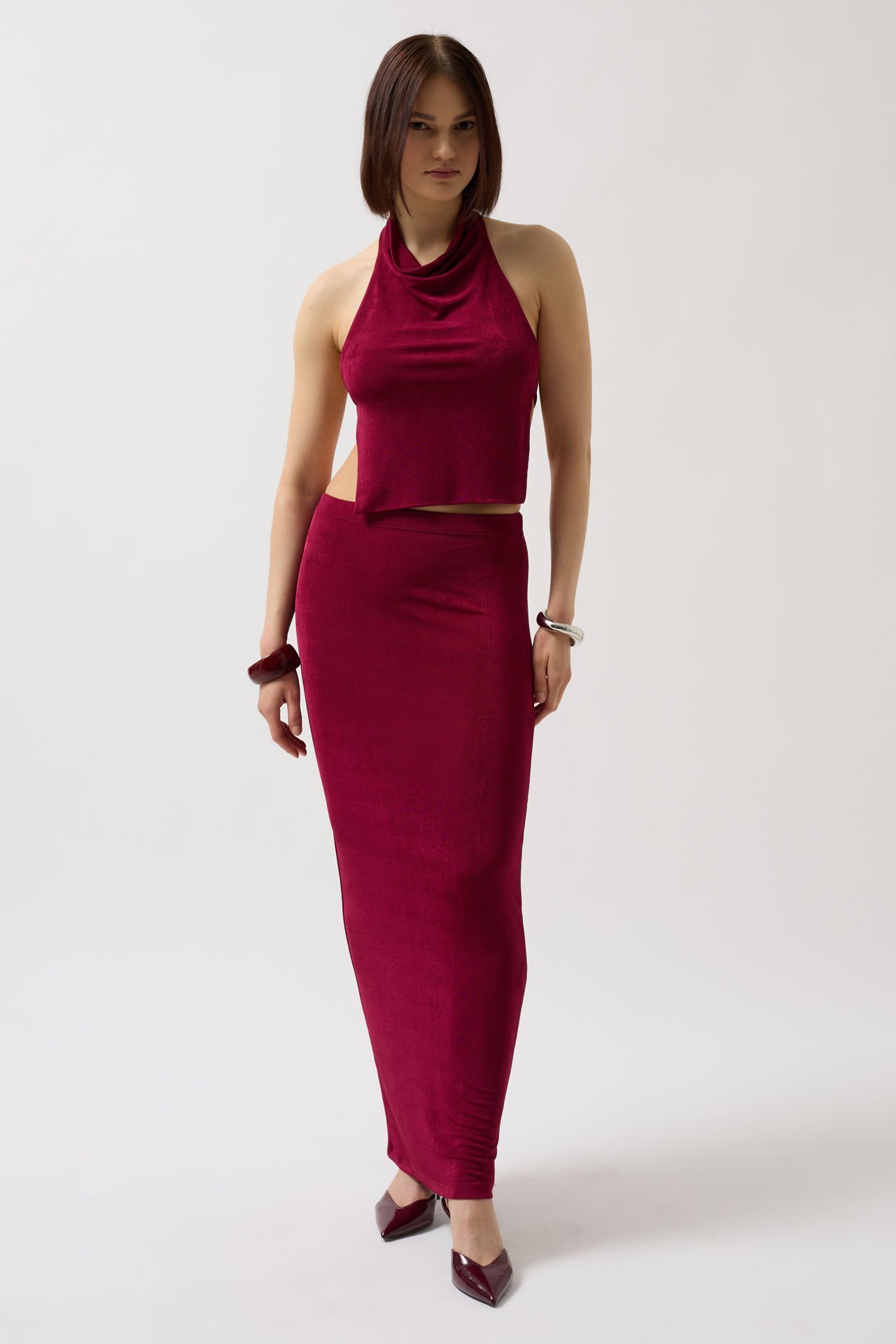 Wholesale Shiny Fabric Maxi Burgundy Skirt