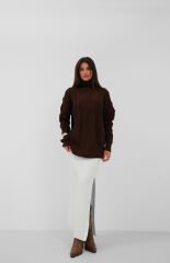 Toptan Oversize Boğazlı Kahverengi Örgü Kazak