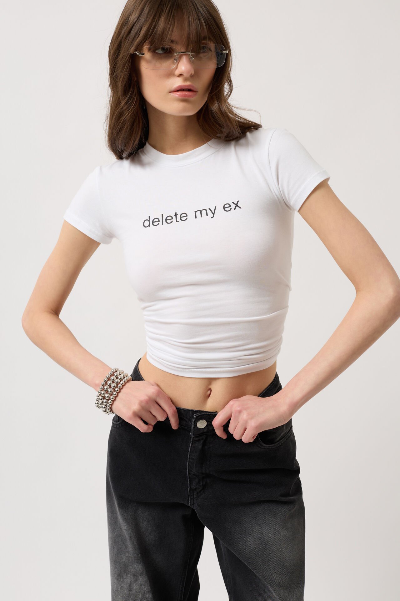 Toptan Baskılı Likralı Crop Beyaz T-Shirt