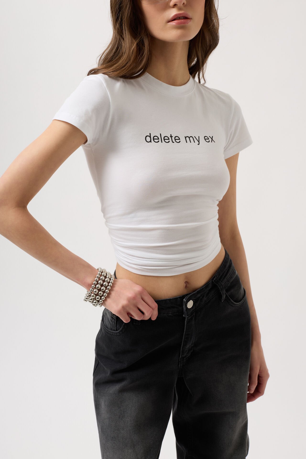 Toptan Baskılı Likralı Crop Beyaz T-Shirt