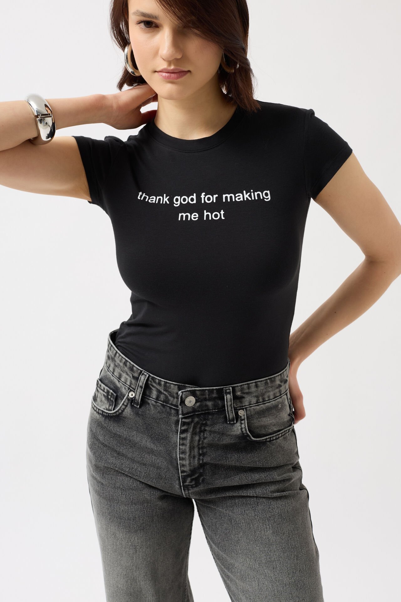 Toptan Baskılı Likralı Crop Siyah T-Shirt