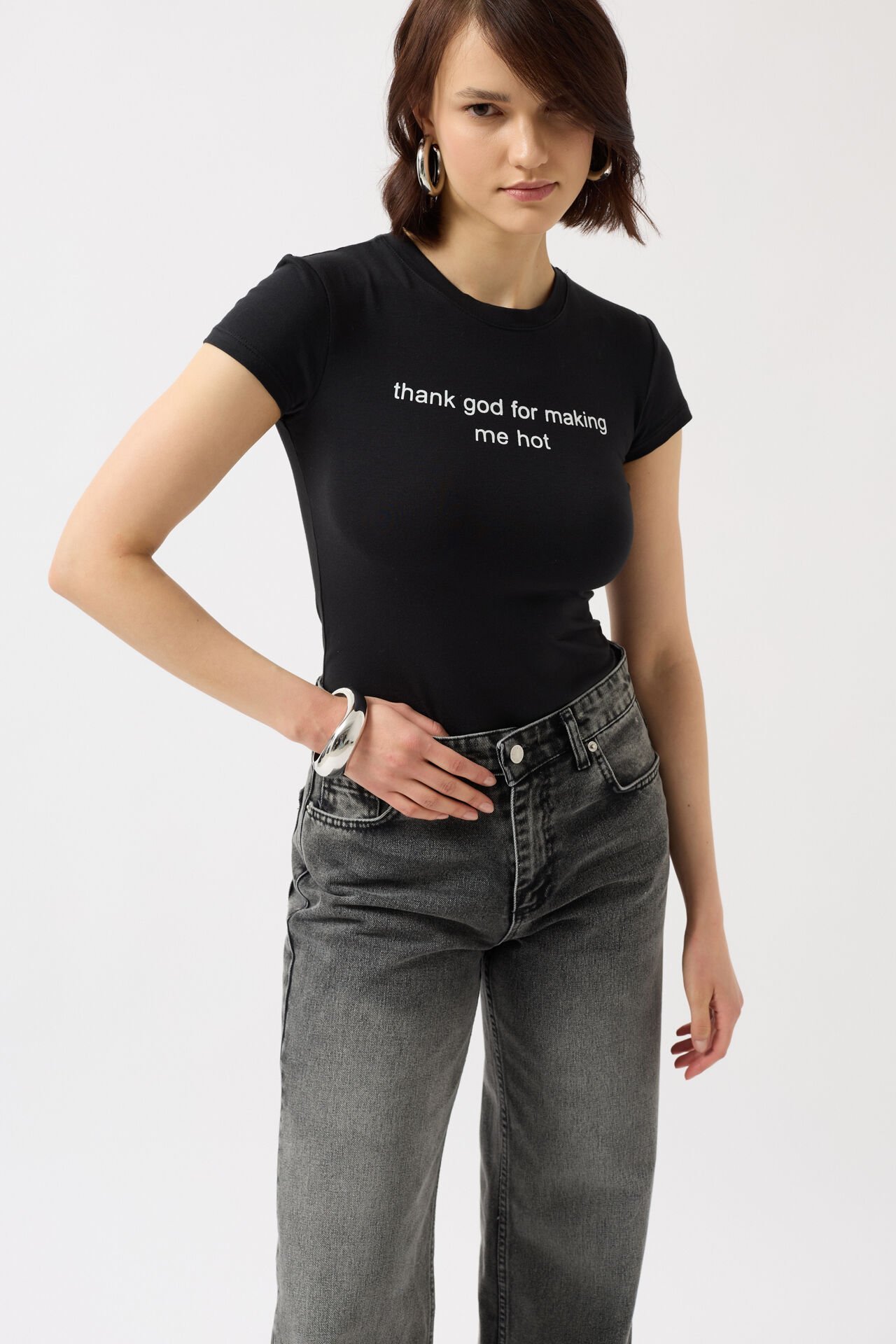 Toptan Baskılı Likralı Crop Siyah T-Shirt