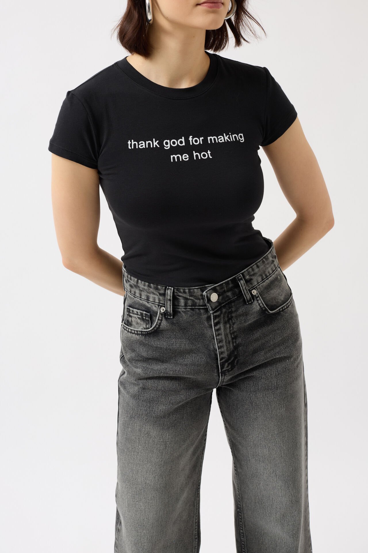 Toptan Baskılı Likralı Crop Siyah T-Shirt