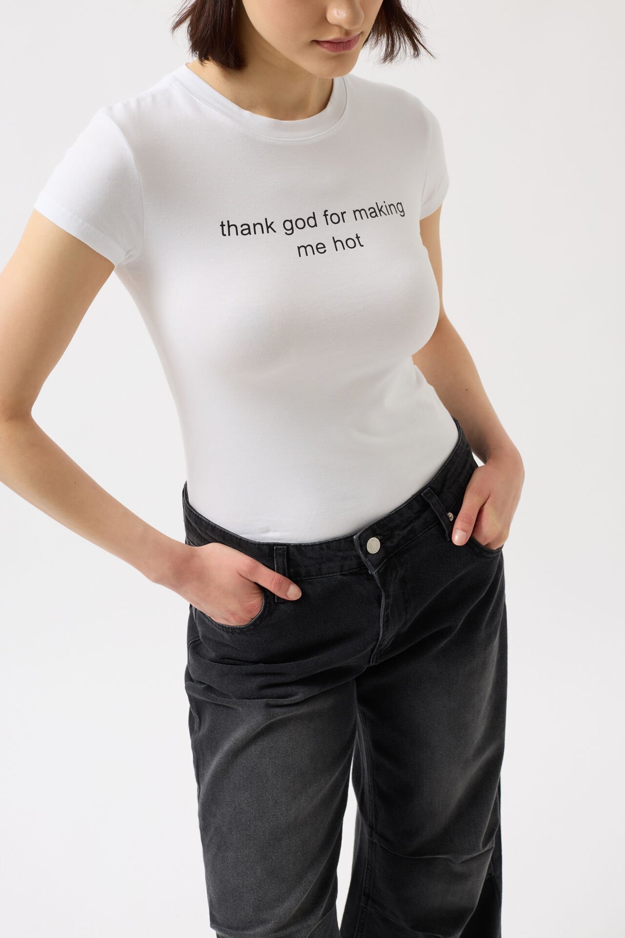Toptan Baskılı Likralı Crop Beyaz T-Shirt