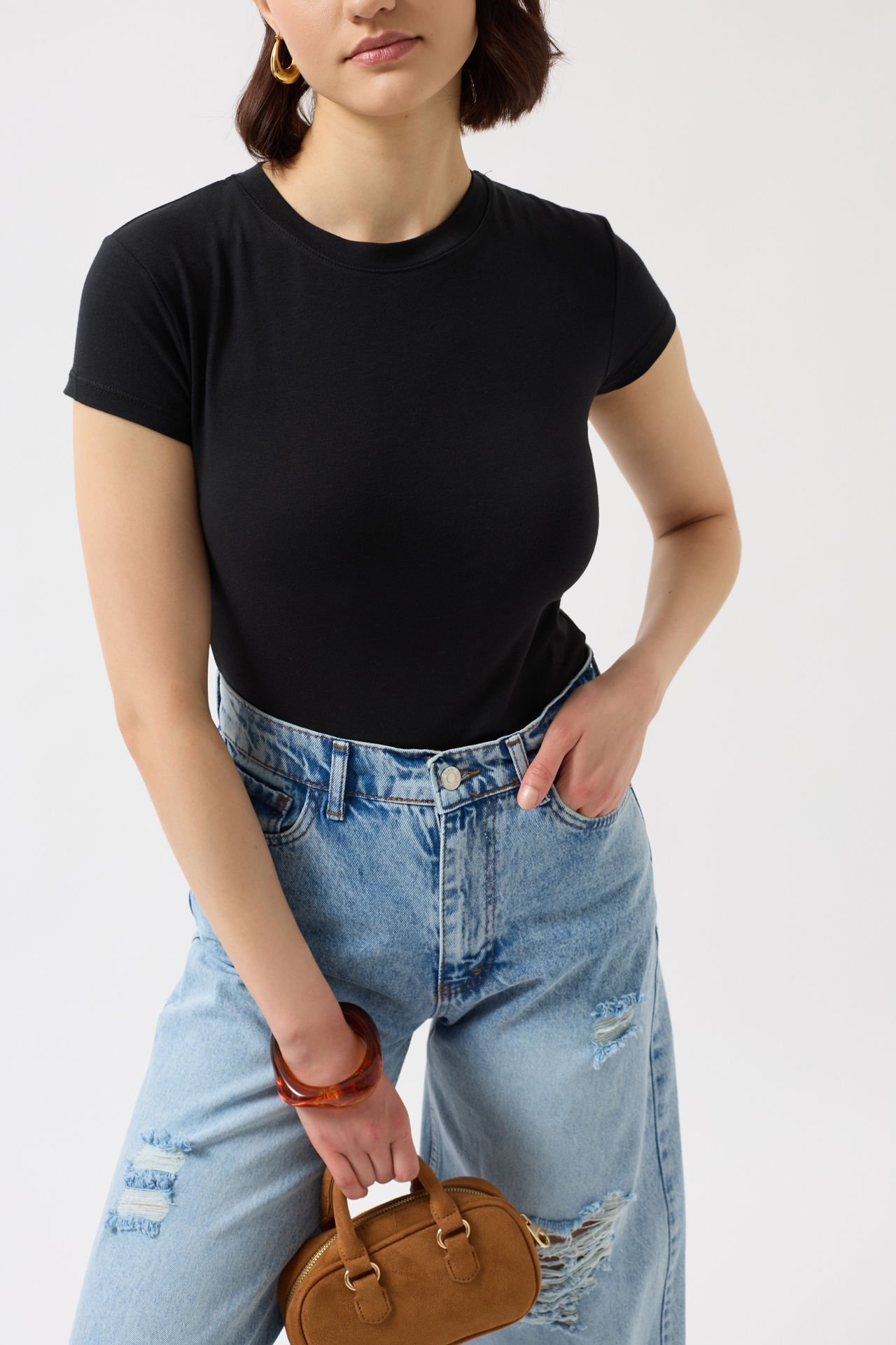 Toptan Likralı Basic Siyah T-Shirt