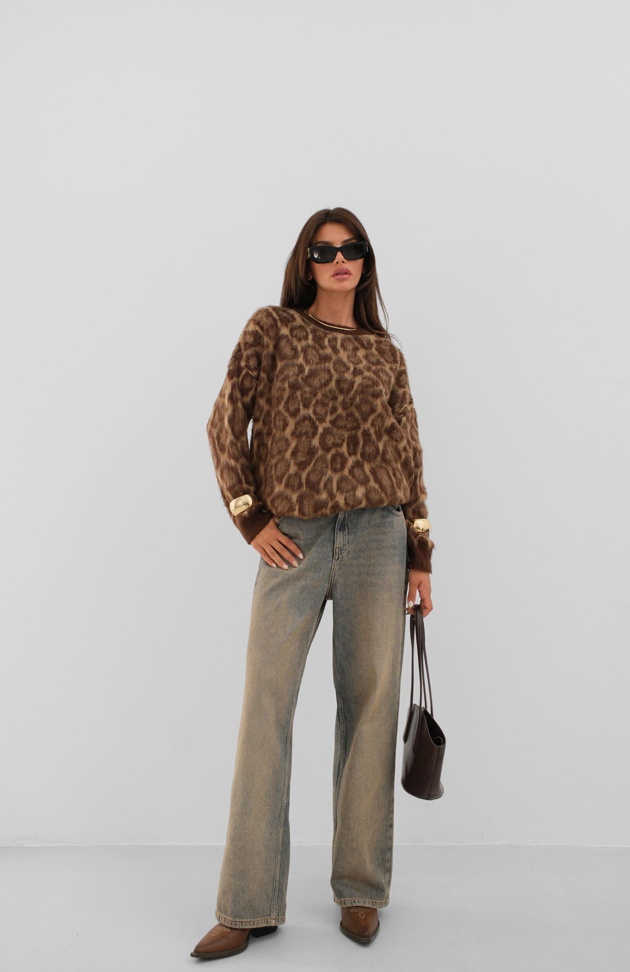 Wholesale Leopard Patterned Bearded Knitwear Sweater