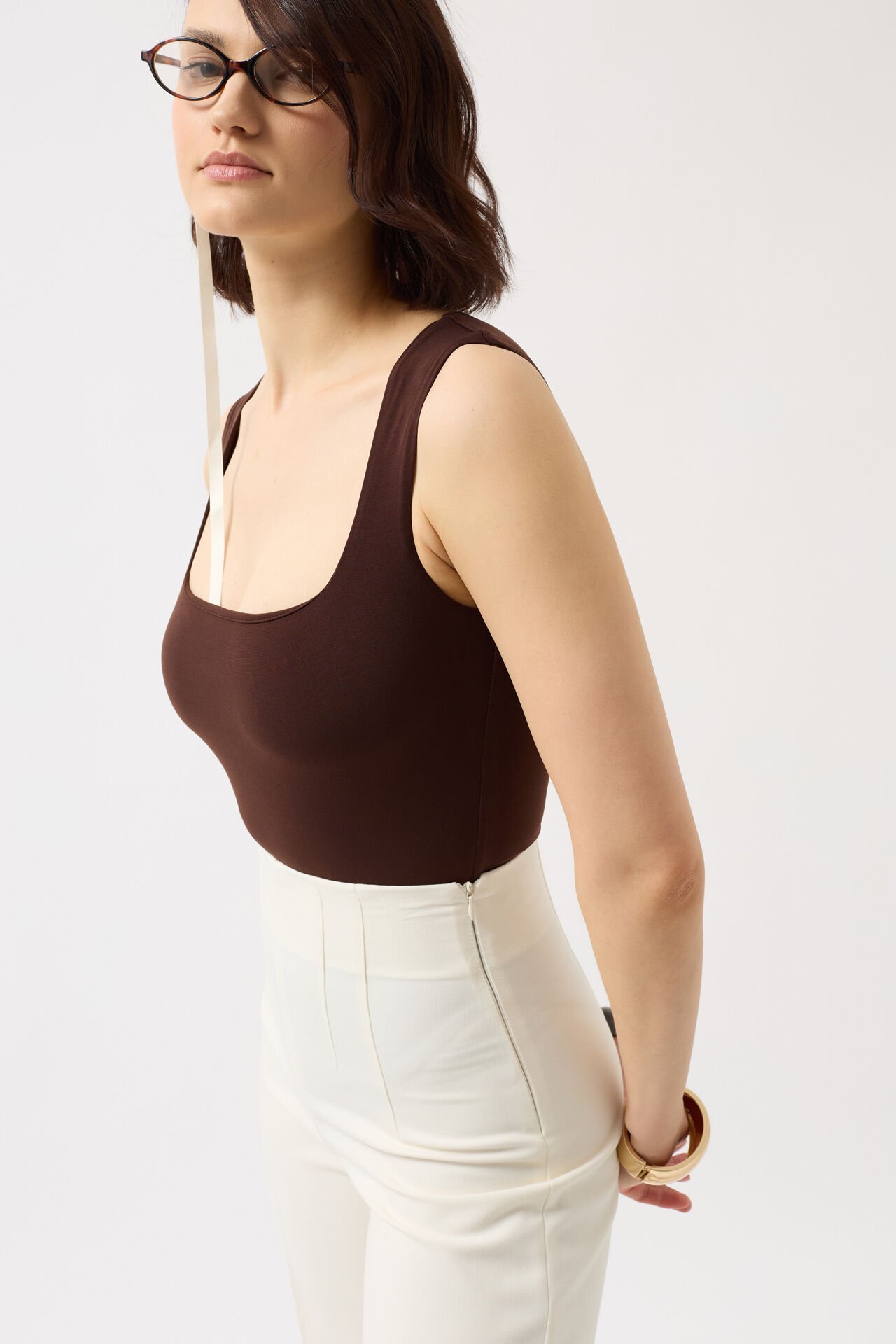 Toptan Kare Yaka Kalın Askılı Kahverengi Bodysuit