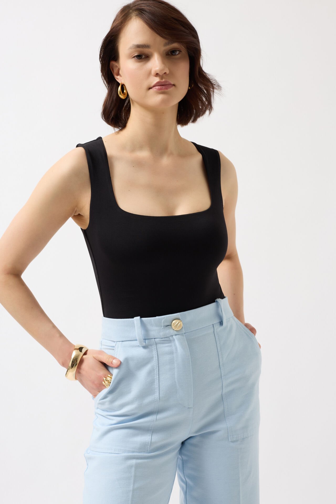 Wholesale Square Neck Thick Strap Black Bodysuit