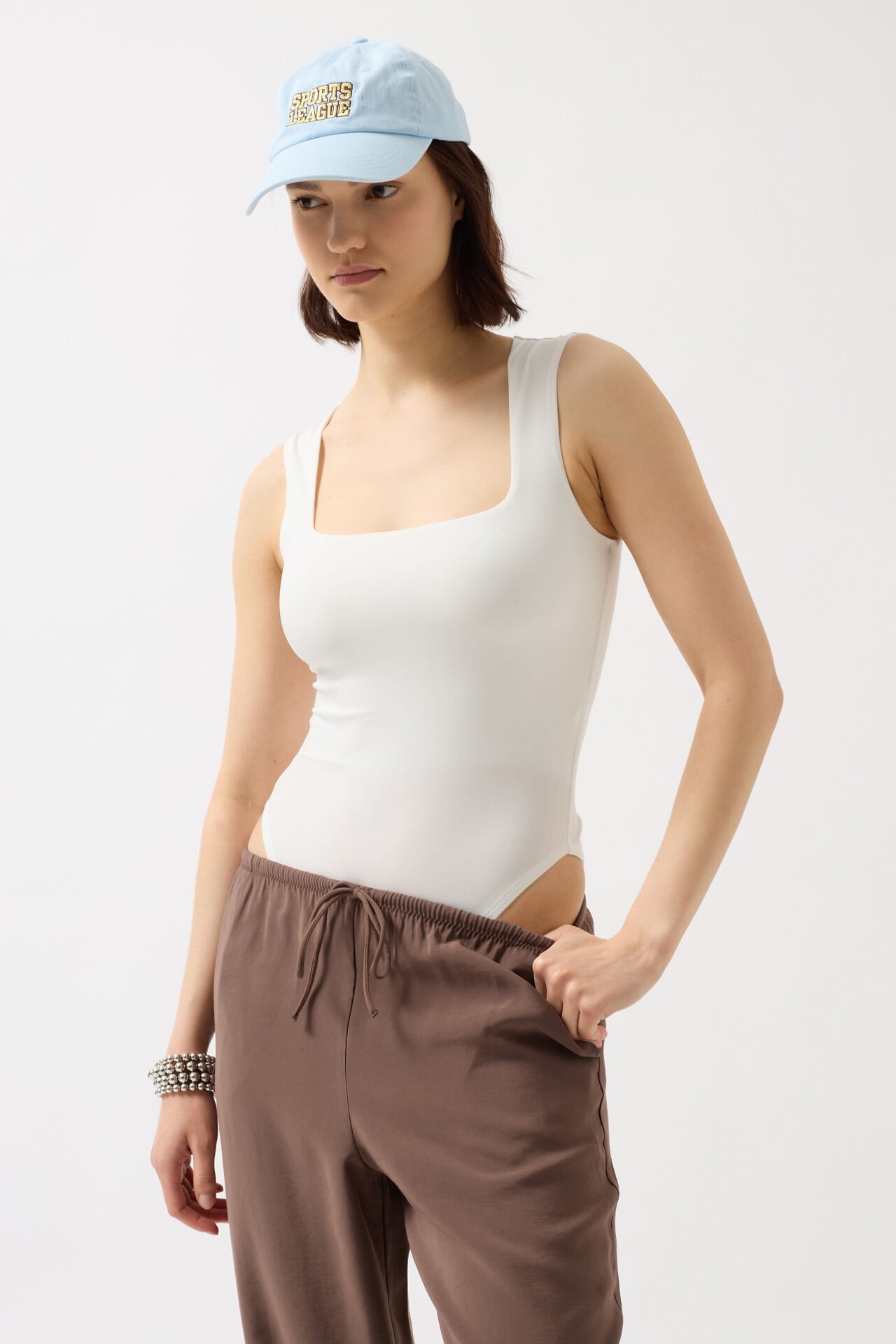 Wholesale Square Neck Thick Strap White Bodysuit