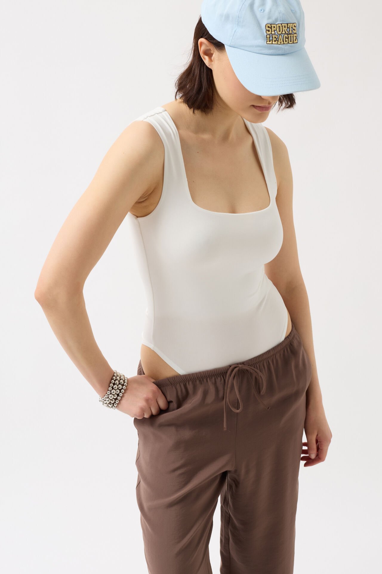 Wholesale Square Neck Thick Strap White Bodysuit