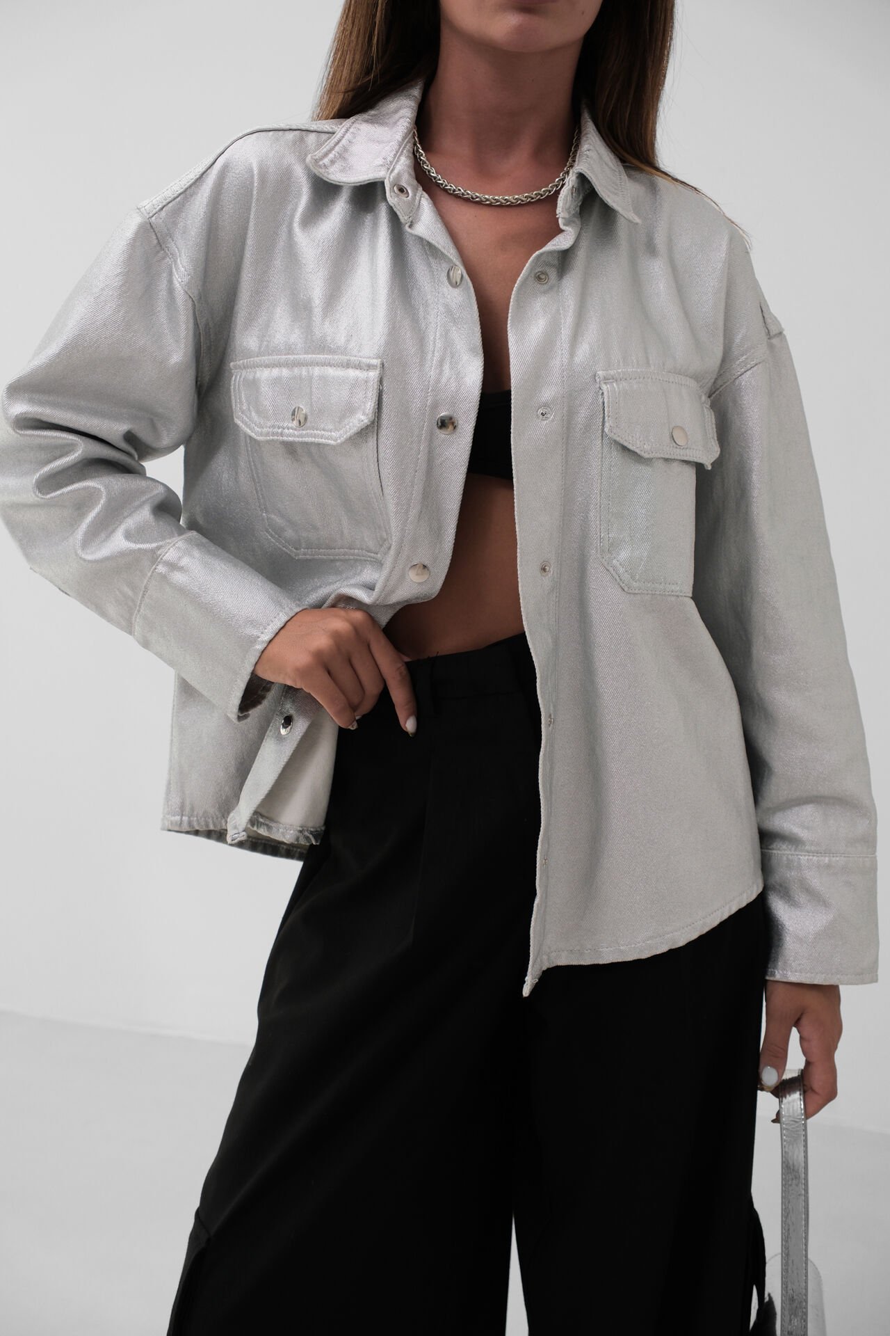 Wholesale Metallic Grey Denim Jacket