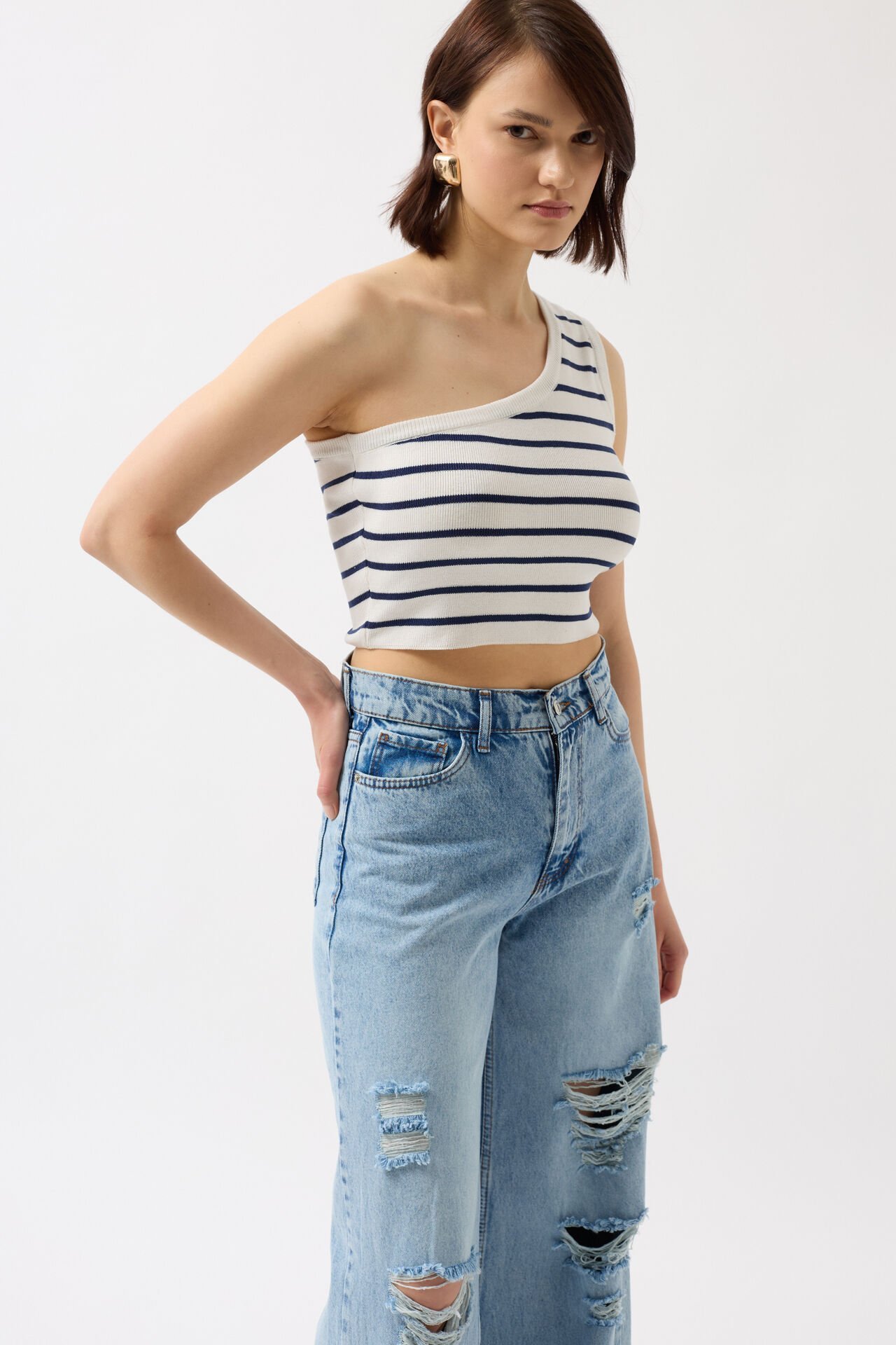 Wholesale One Shoulder Striped White Navy Blue Crop