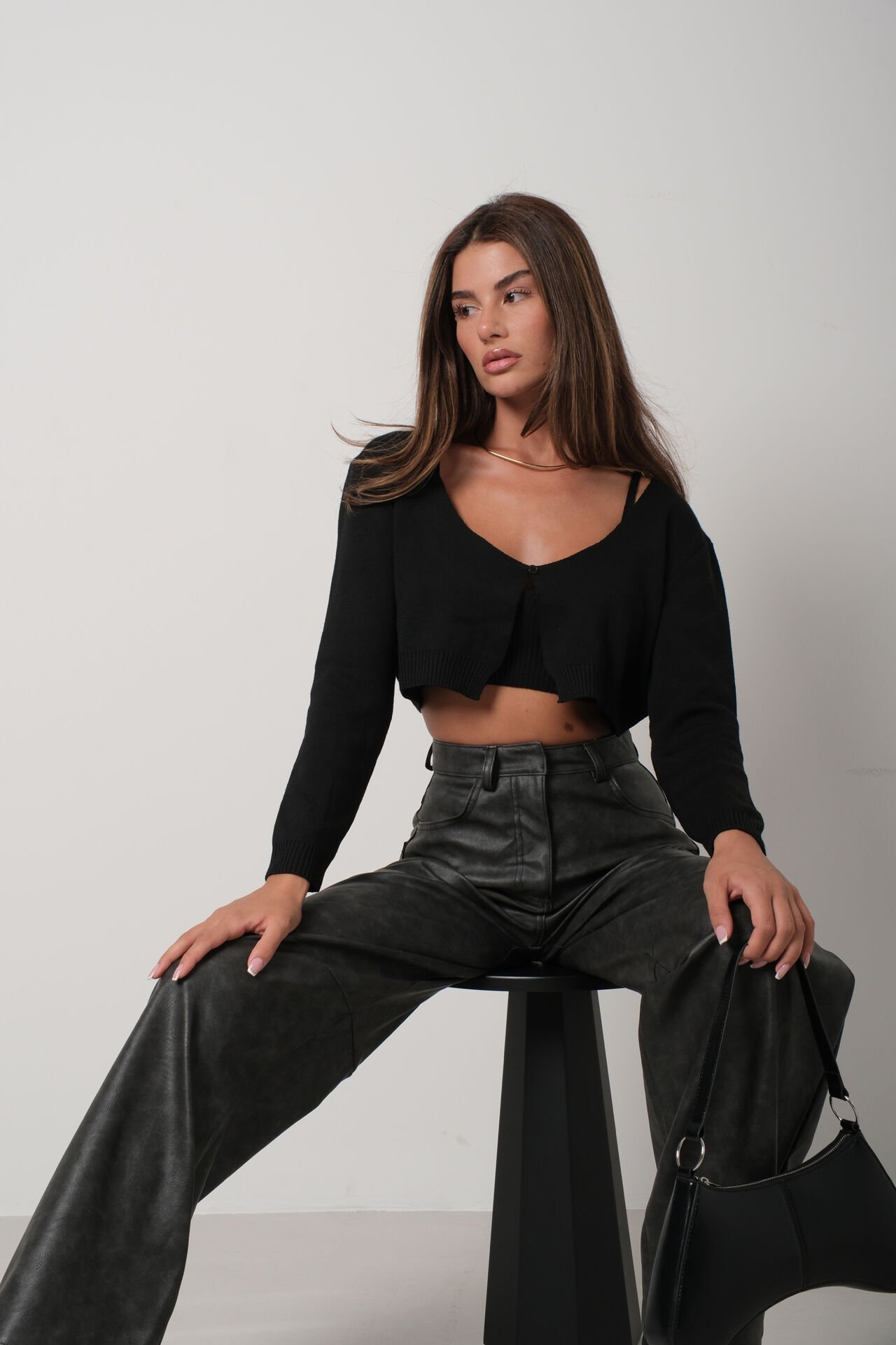 Wholesale Strap Blouse Cardigan Black Knitwear Set