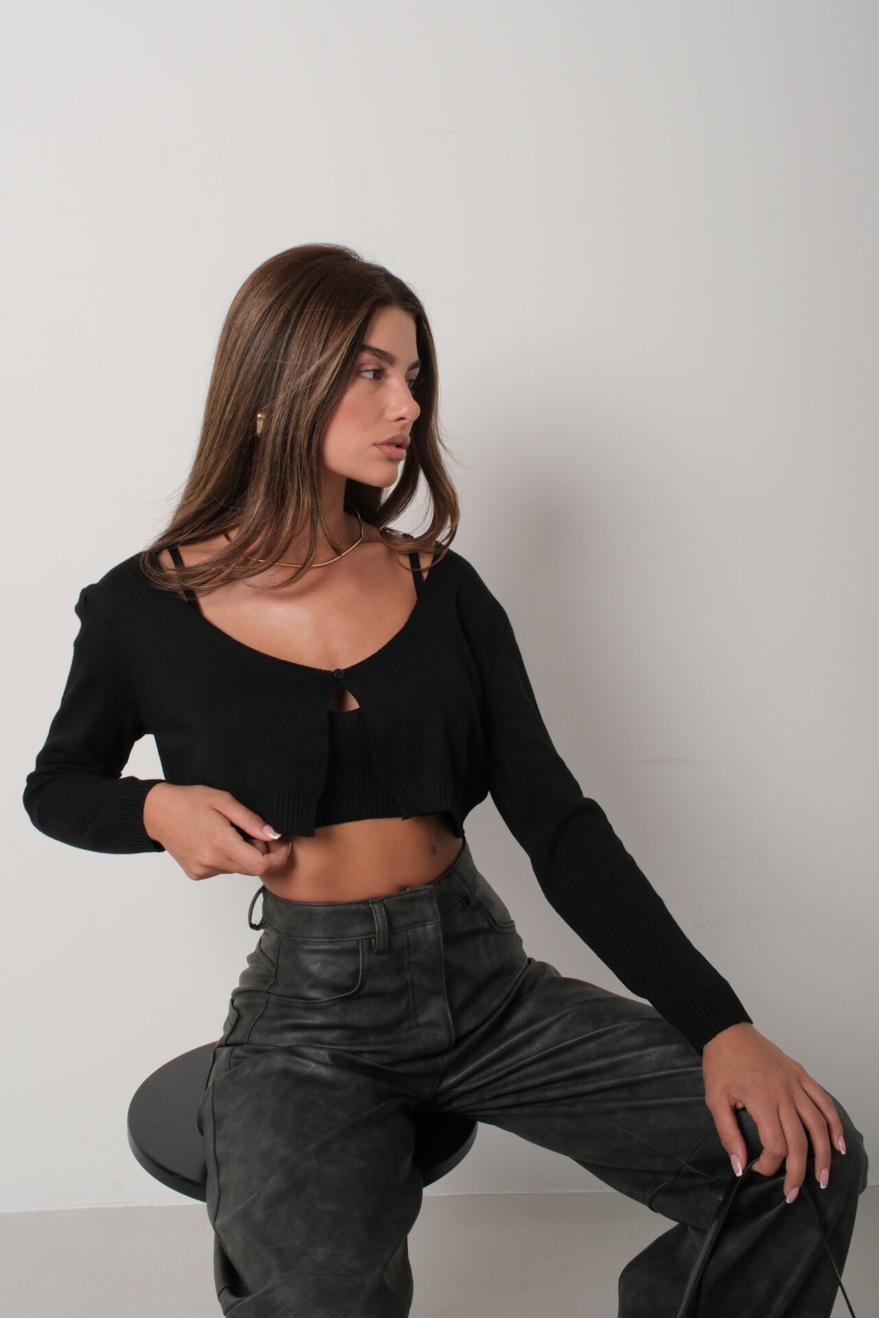 Wholesale Strap Blouse Cardigan Black Knitwear Set