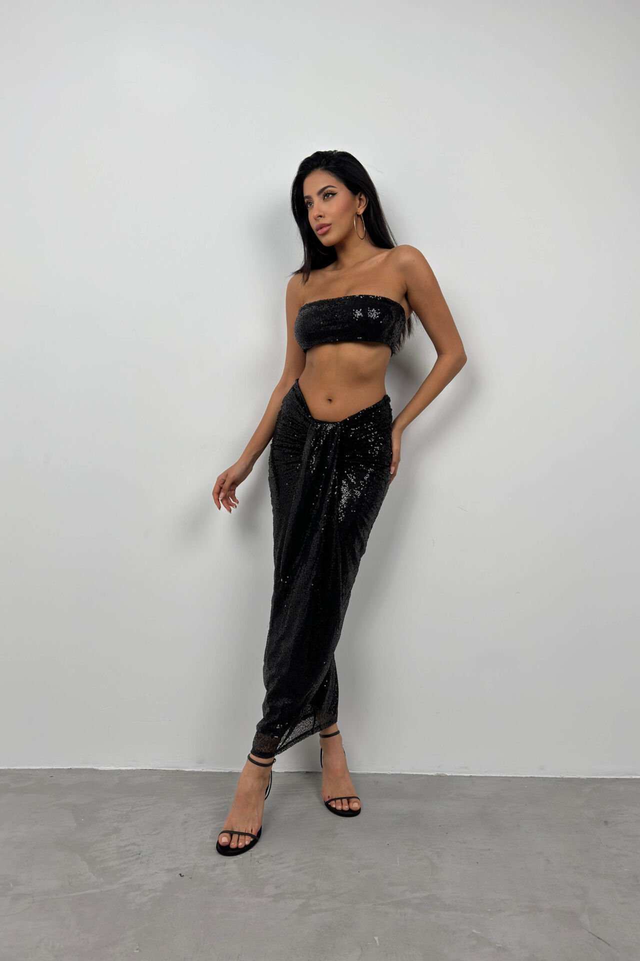 Toptan Payetli Straplez Siyah Crop Etek Takım