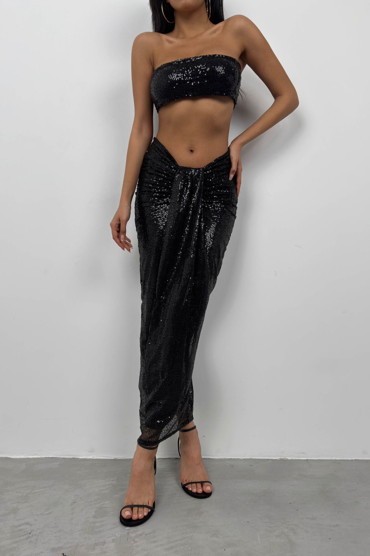 Toptan Payetli Straplez Siyah Crop Etek Takım