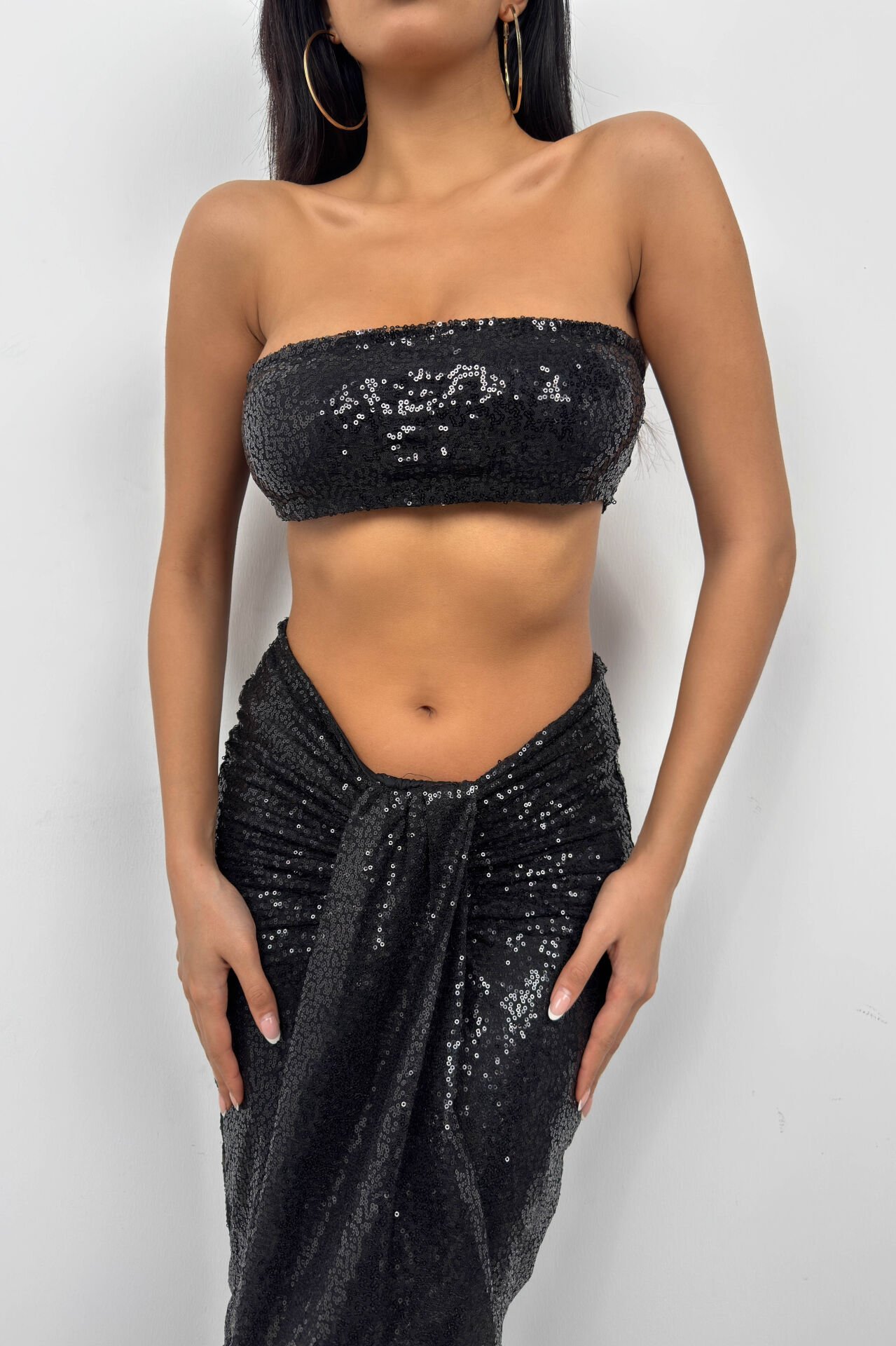 Toptan Payetli Straplez Siyah Crop Etek Takım