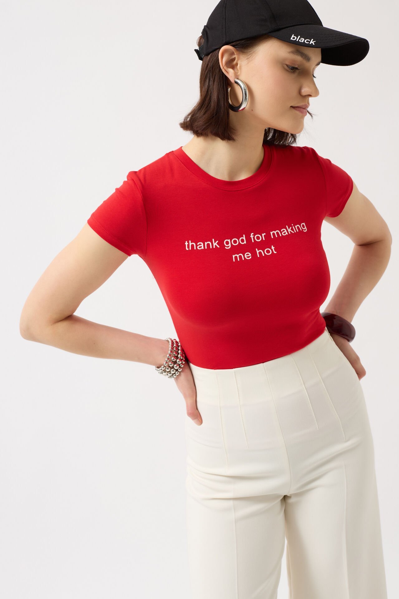 Toptan Baskılı Likralı Crop Kırmızı T-Shirt