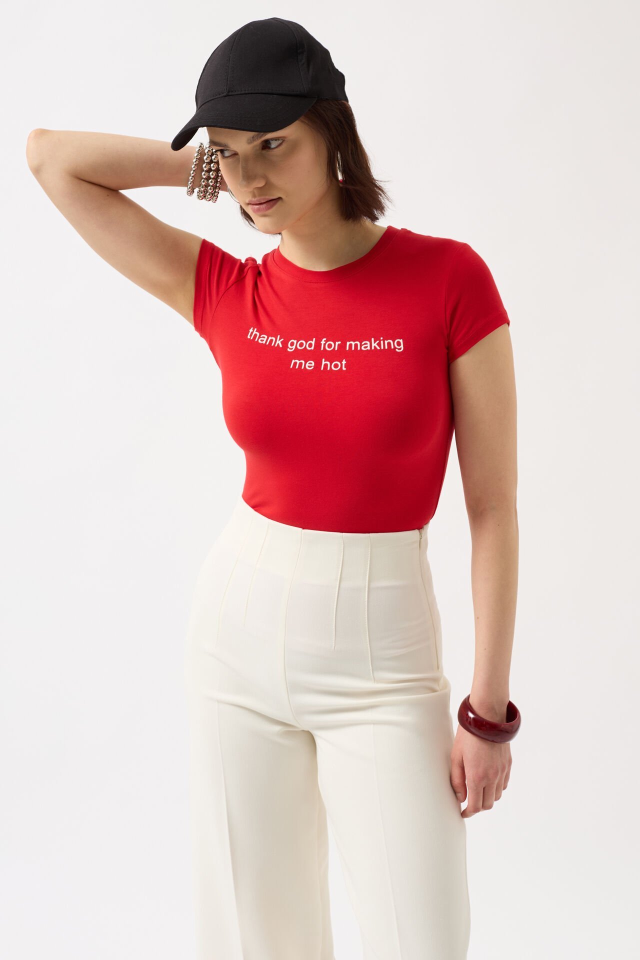 Toptan Baskılı Likralı Crop Kırmızı T-Shirt