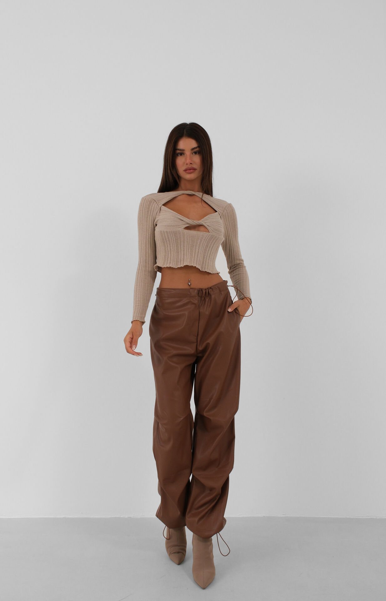 Wholesale Waist Elastic Leather Brown Trousers