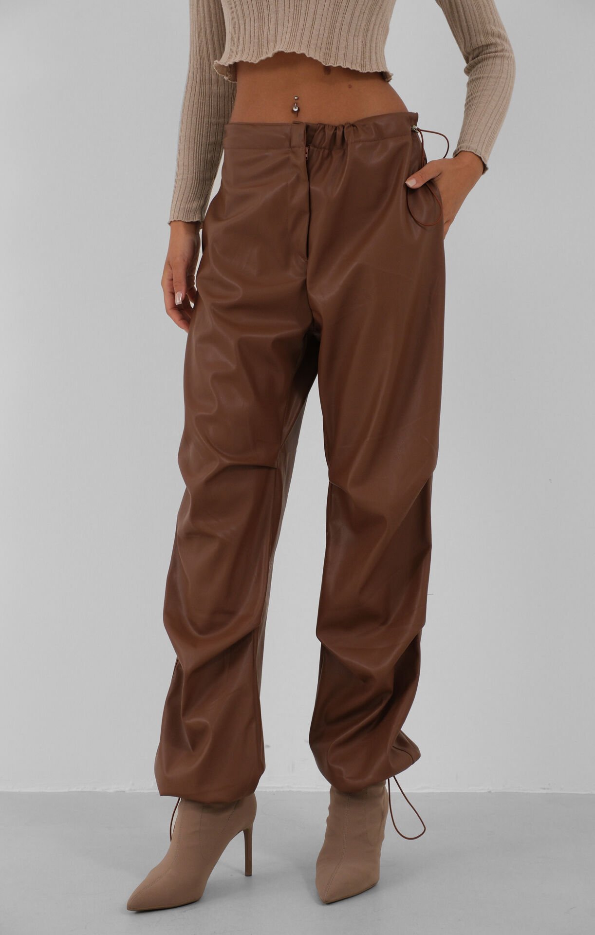 Wholesale Waist Elastic Leather Brown Trousers