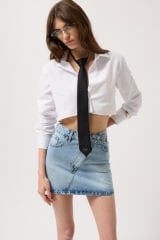 Toptan Asimetrik Kemer Denim Mini Mavi Etek