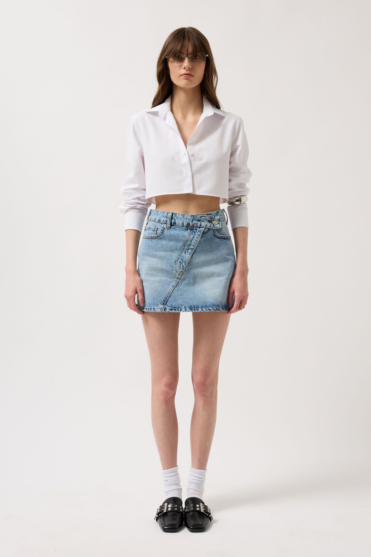 Toptan Asimetrik Kemer Denim Mini Mavi Etek