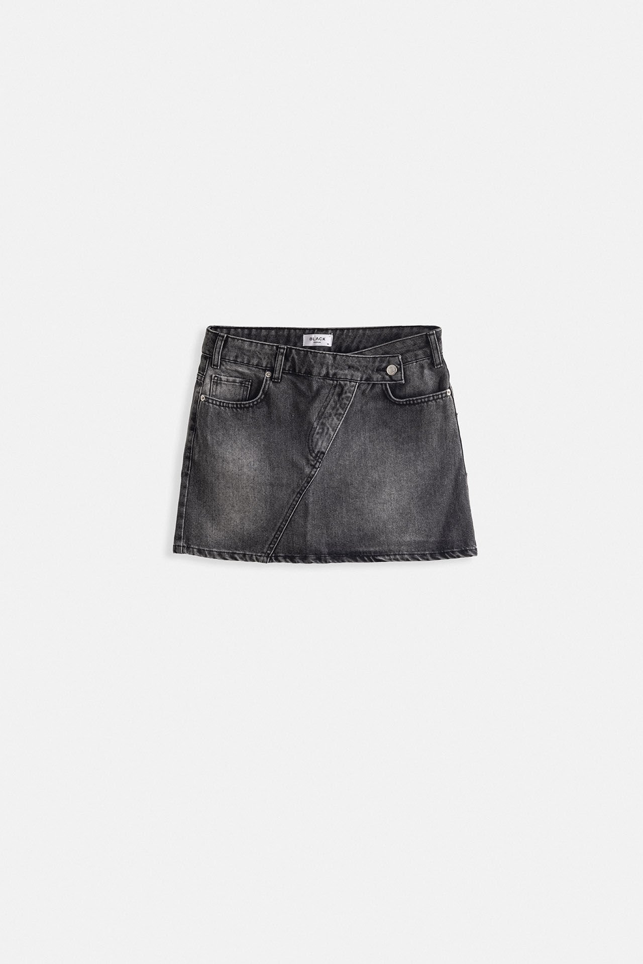 Toptan Asimetrik Kemer Denim Mini Siyah Etek