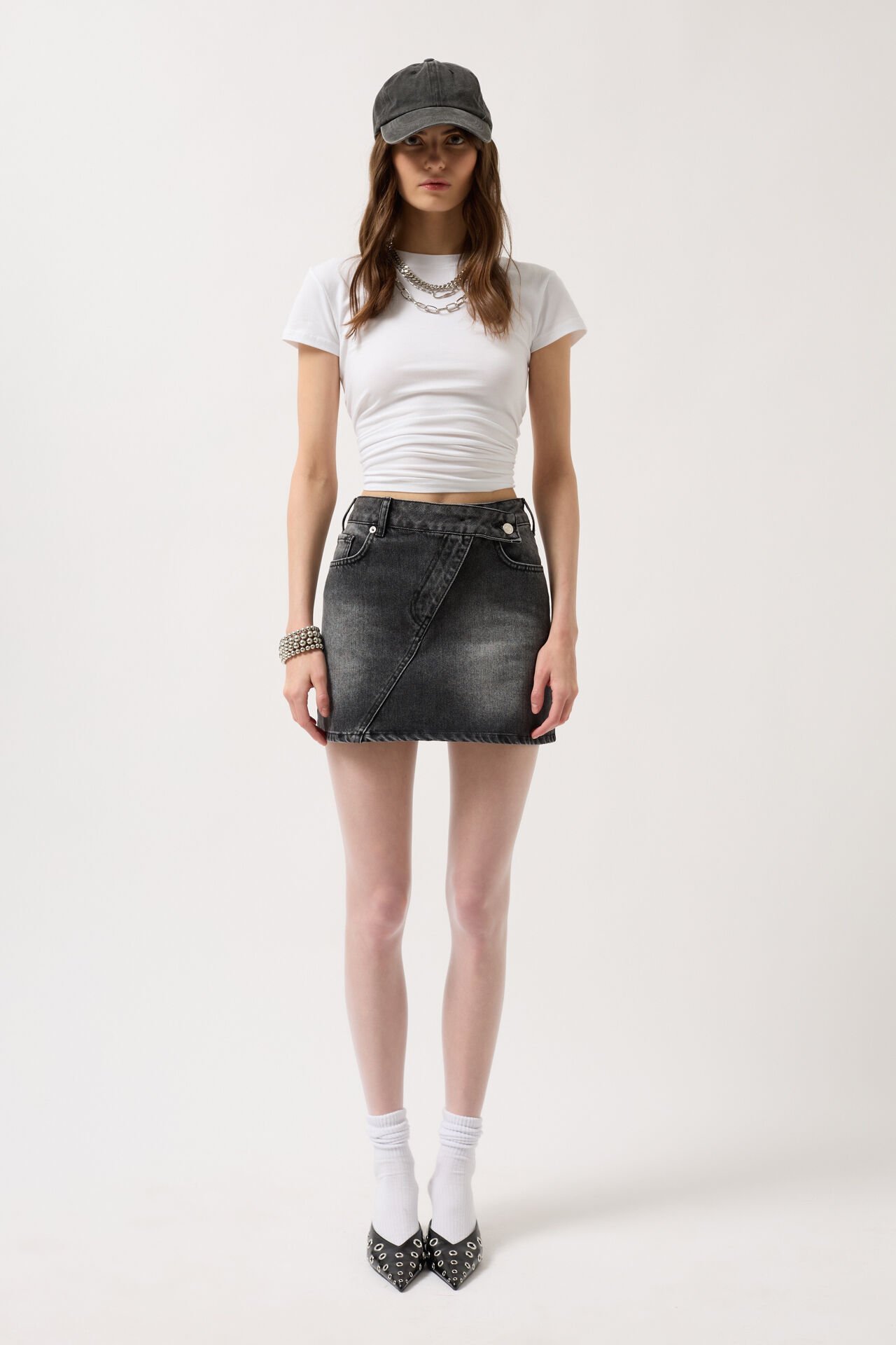 Toptan Asimetrik Kemer Denim Mini Siyah Etek