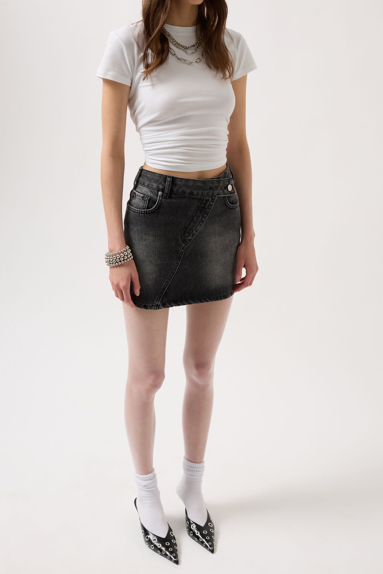 Toptan Asimetrik Kemer Denim Mini Siyah Etek