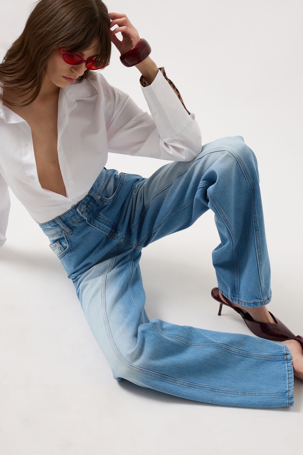 Toptan Dikiş Detay Geniş Paça Mavi Jean