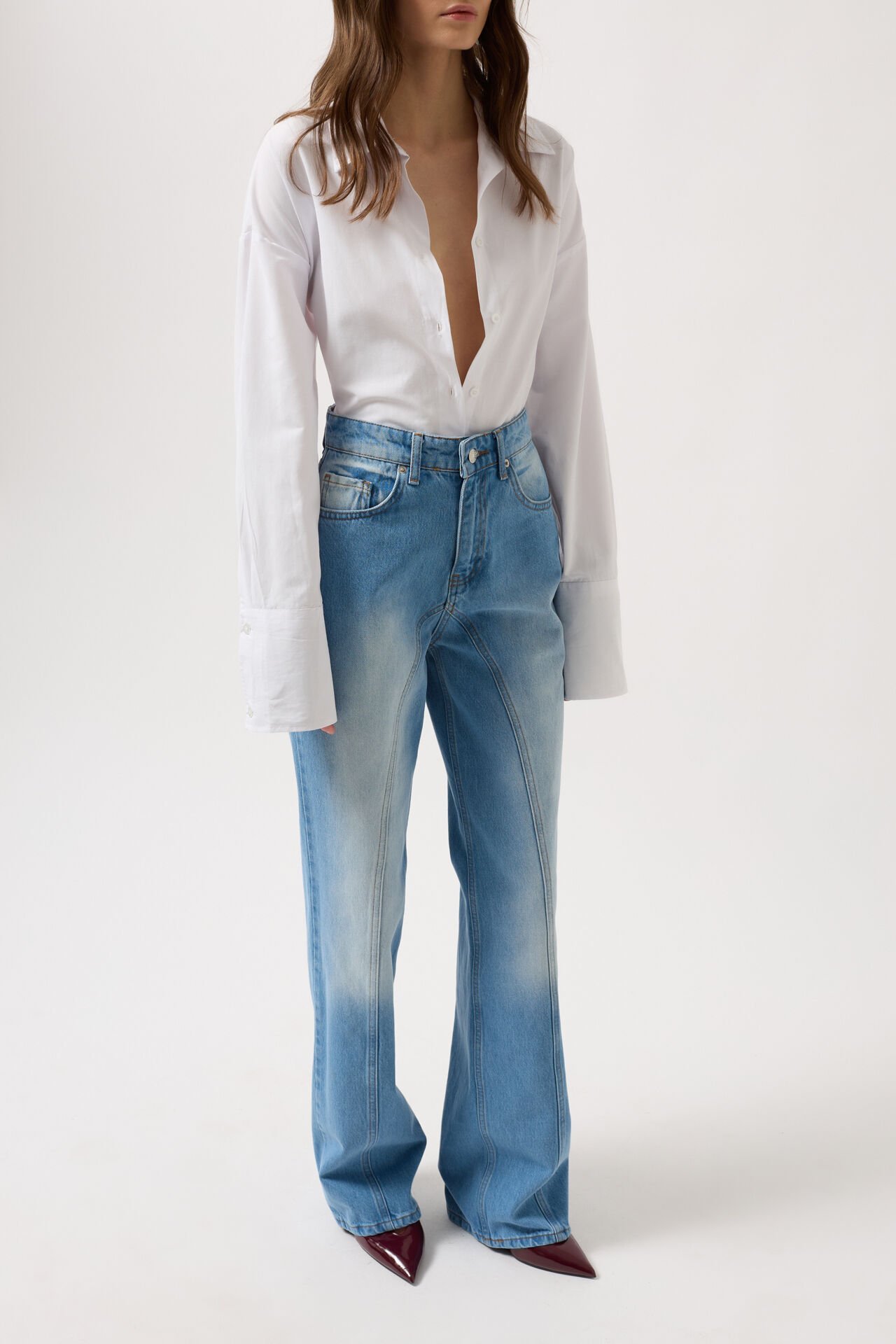 Wholesale Stitch Detail Wide Leg Blue Jeans