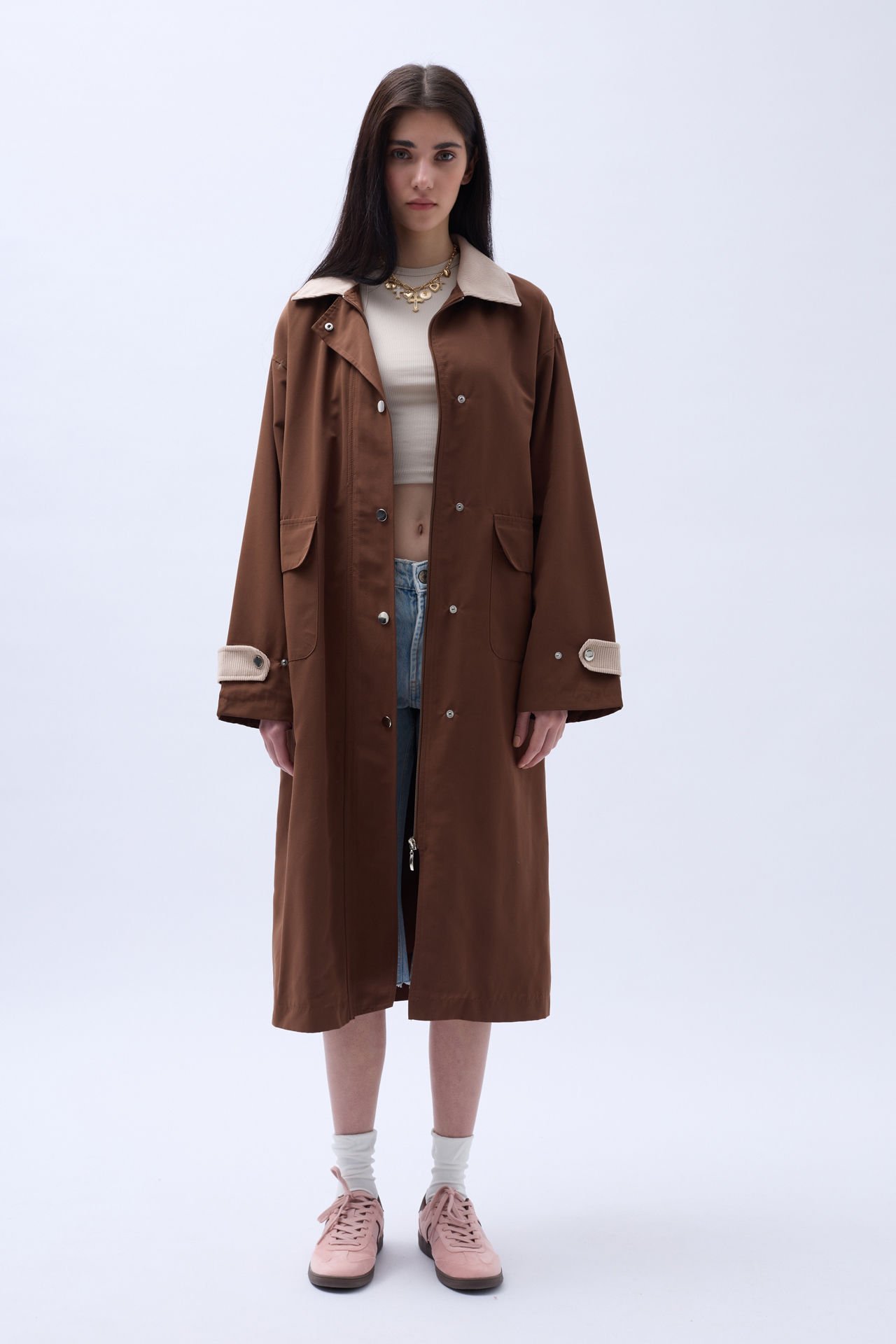 Wholesale Collar Detailed Oversized Dark Brown Trench Coat