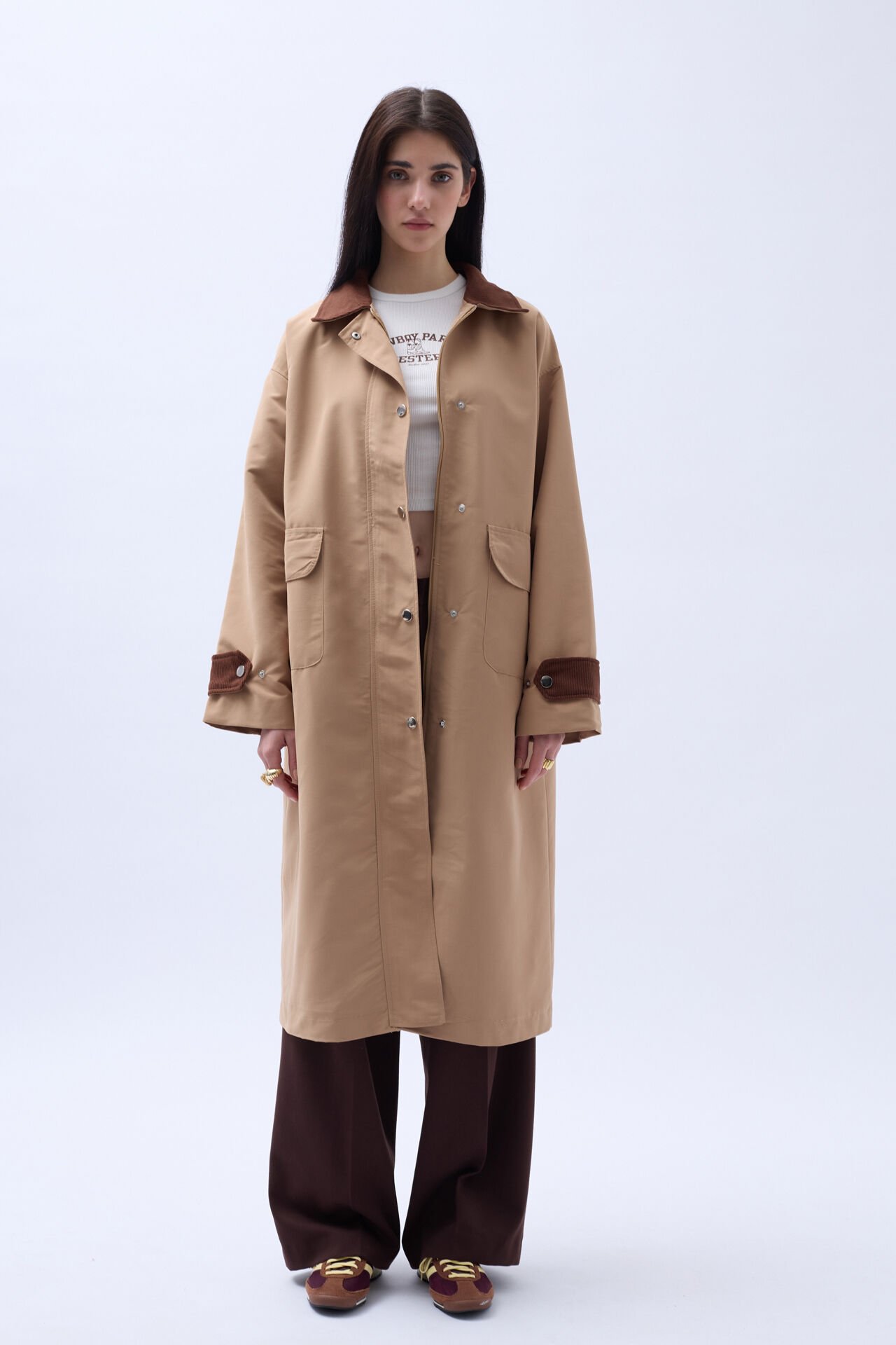 Wholesale Collar Detailed Oversized Brown Trench Coat