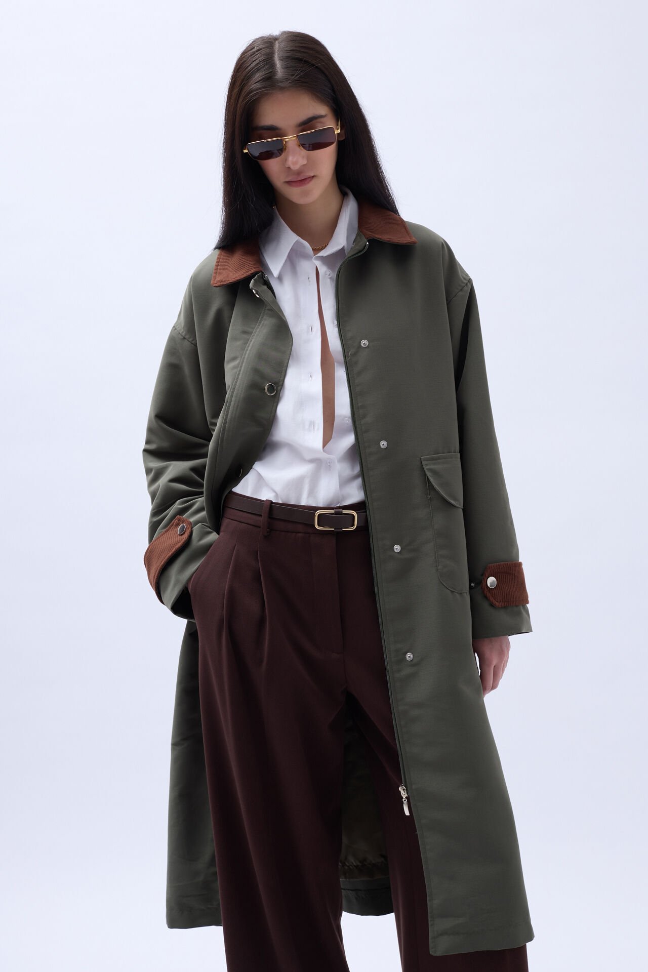 Wholesale Collar Detailed Oversized Khaki Trench Coat