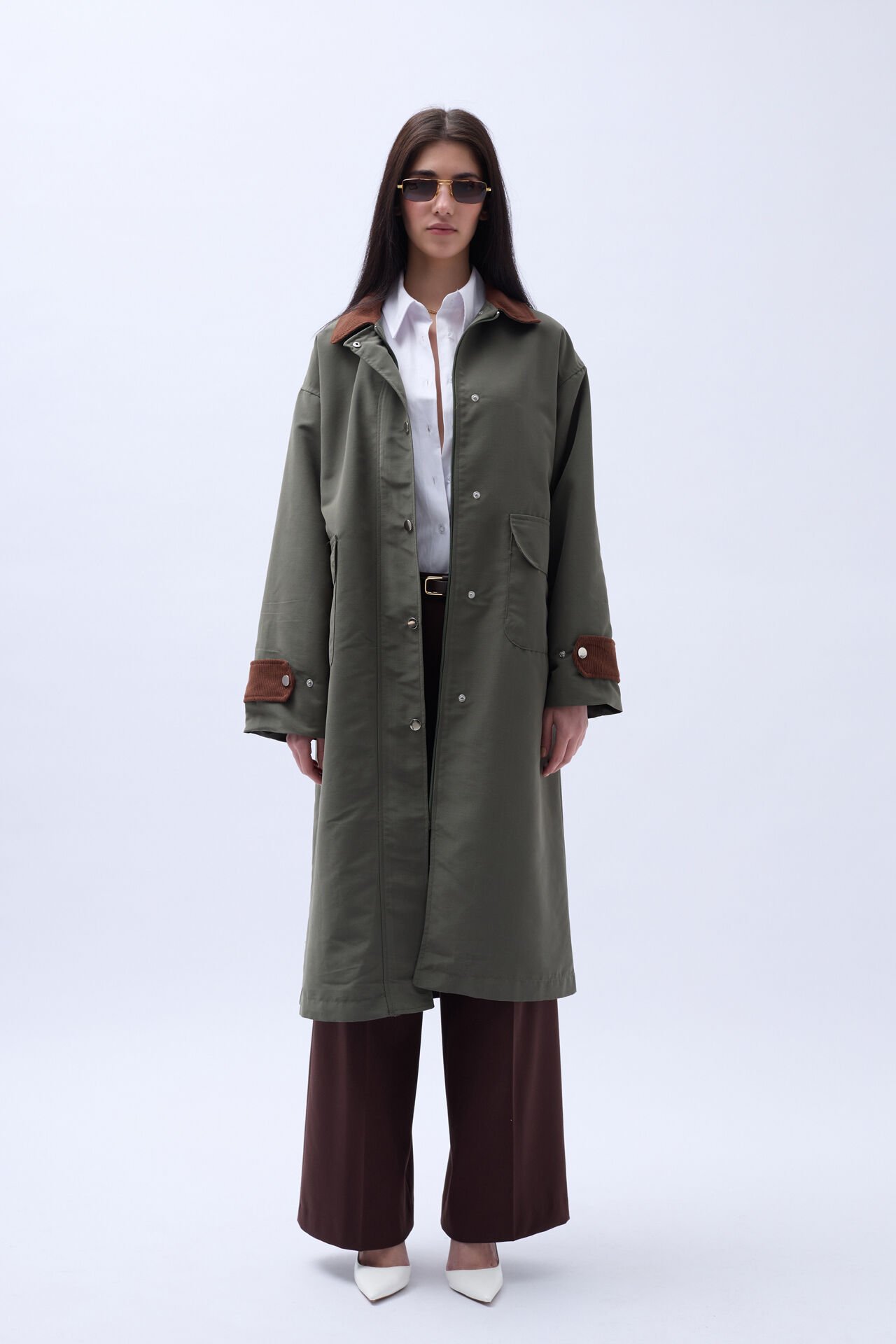 Wholesale Collar Detailed Oversized Khaki Trench Coat