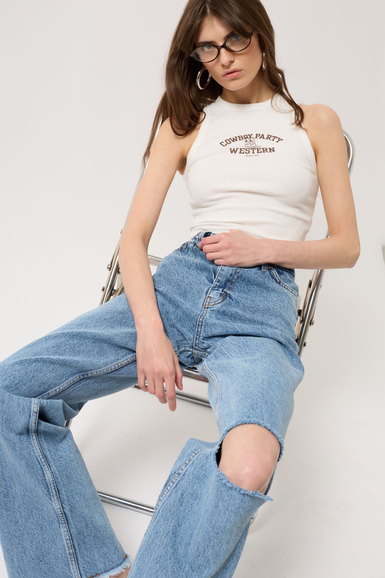 Wholesale Laser Cut Wide Leg Blue Jeans