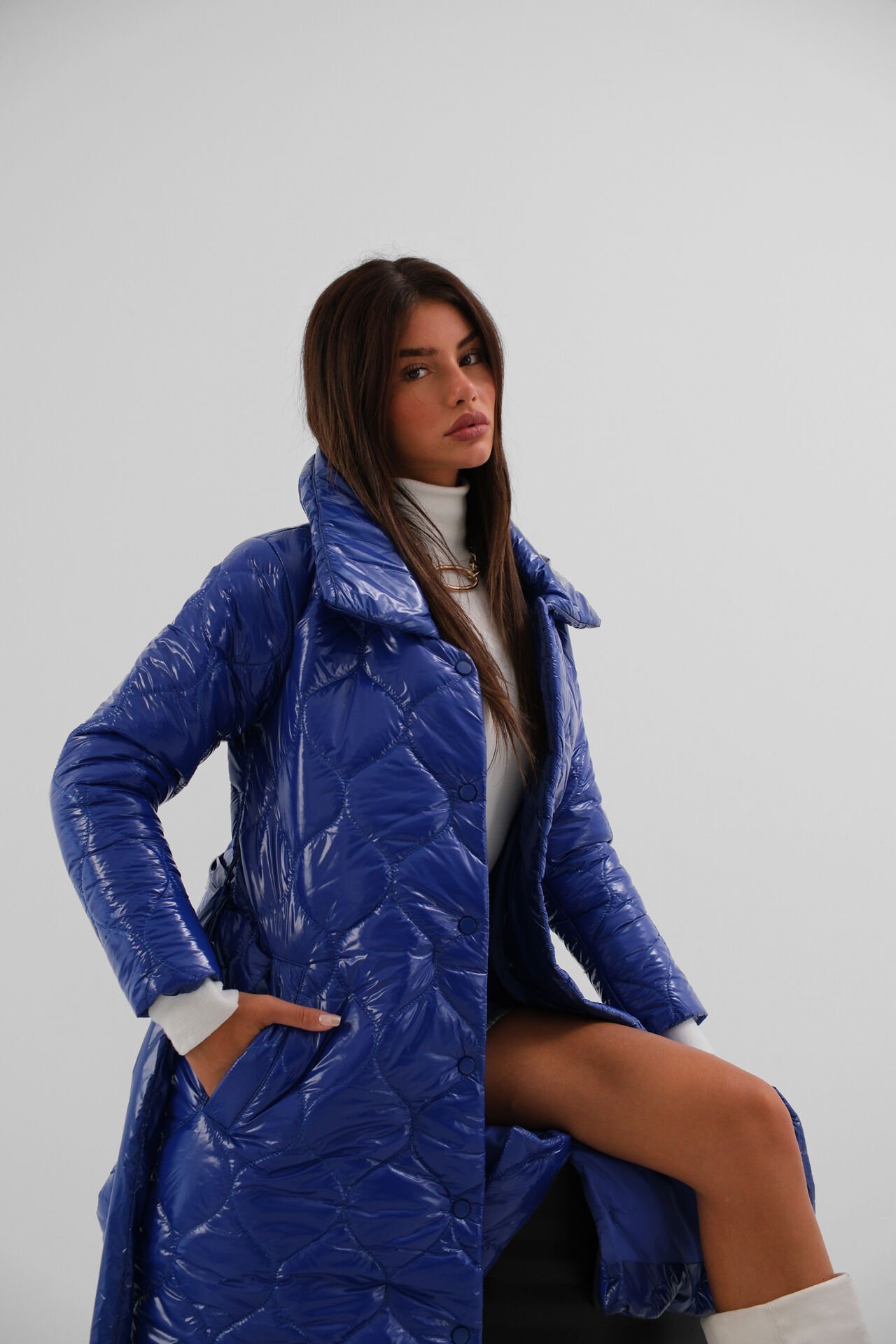 Wholesale Belted Patent Leather Puffer Saxe Maxi Coat