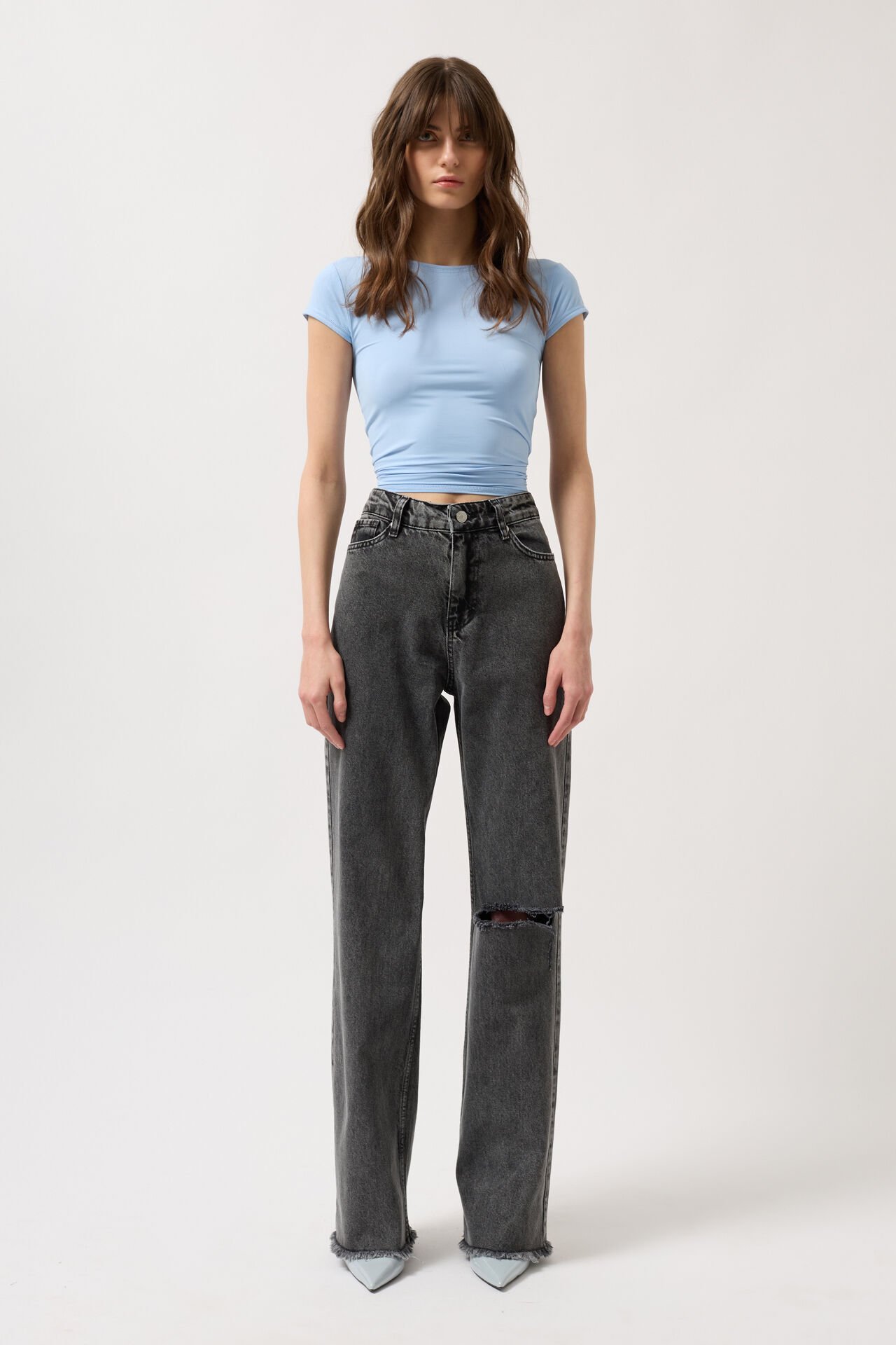 Wholesale Laser Cut Wide Leg Black Jeans