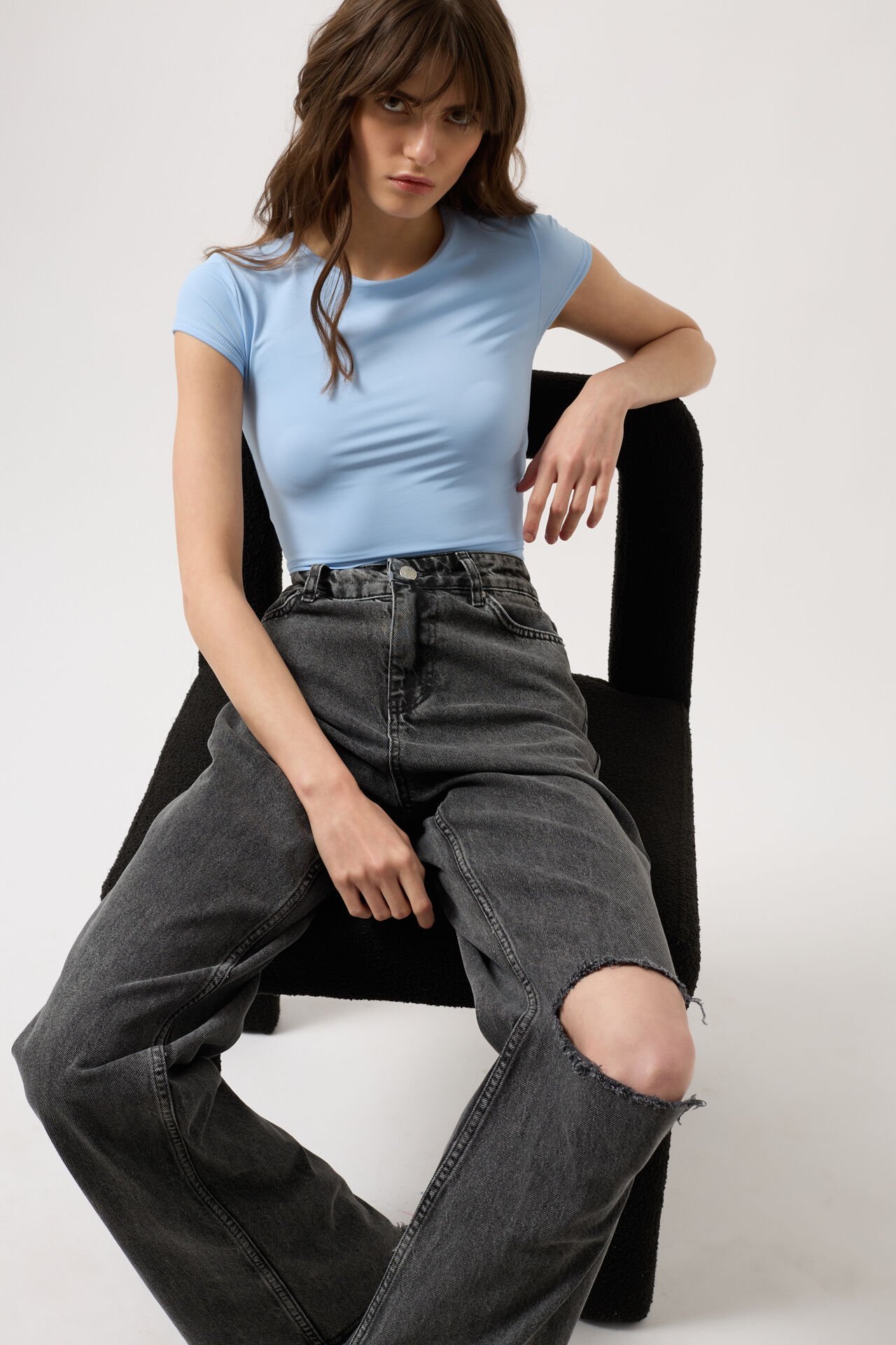 Wholesale Laser Cut Wide Leg Black Jeans