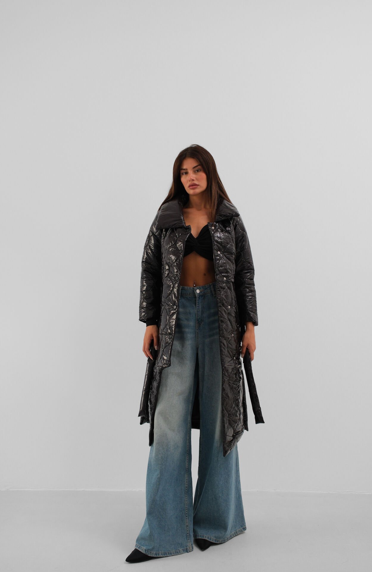 Wholesale Belted Patent Leather Black Puffer Maxi Coat